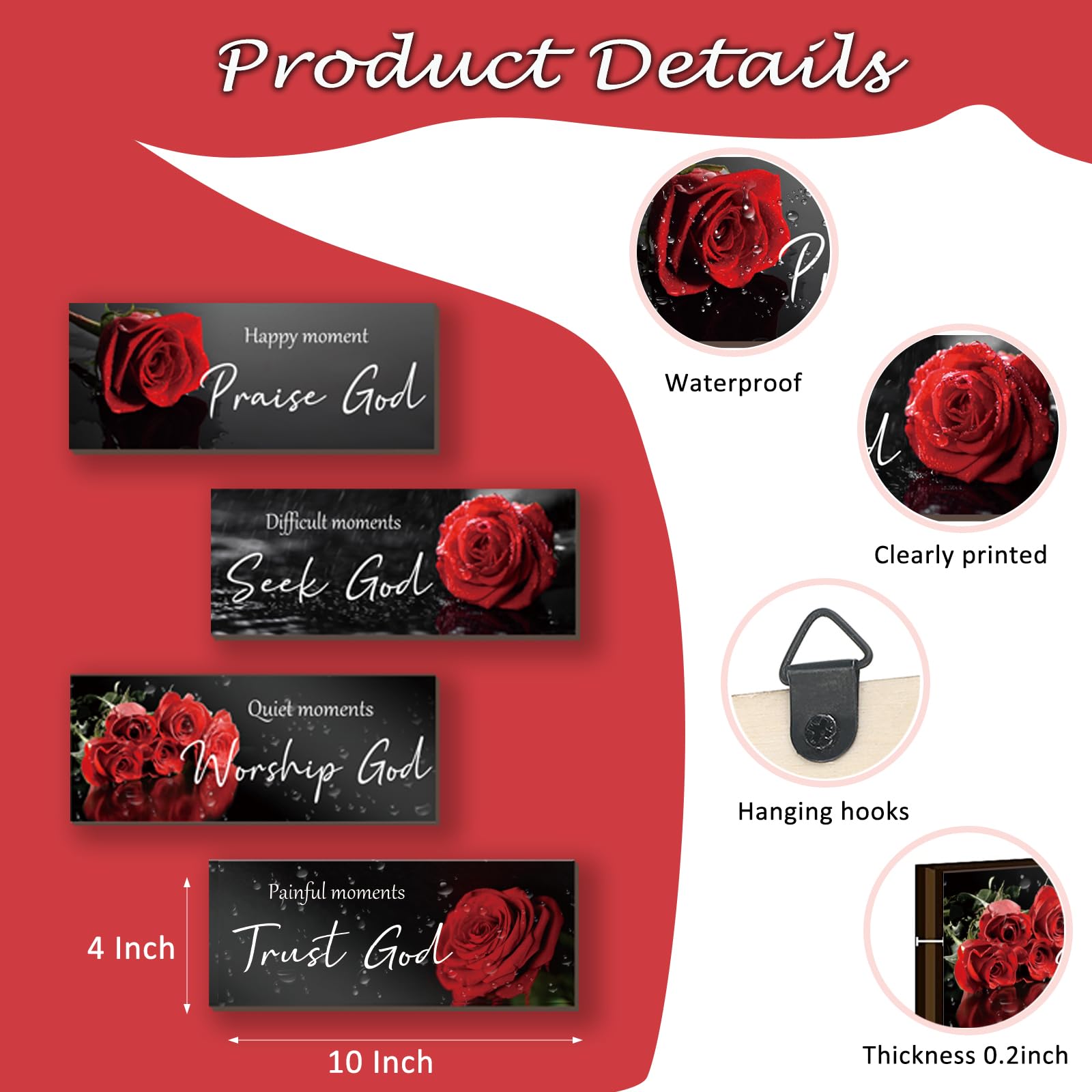 ONIZHITY 4 Pcs Red Bathroom Decor Religious Wall Art Bible Verse Inspirational Red Rose Wall Decor Rustic Flower Wooden Christia