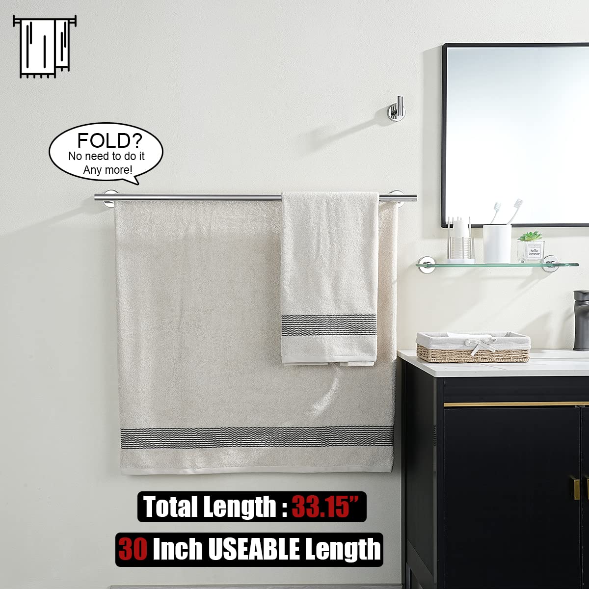 JQK Double Bath Towel Bar  30 Inch 304 Stainless Steel Thicken 0.8mm Towel Rack for Bathroom  Towel Holder Polished Chrome Wall Mount  33 in Total Length 2 Pack  TB100L30-CH-P2