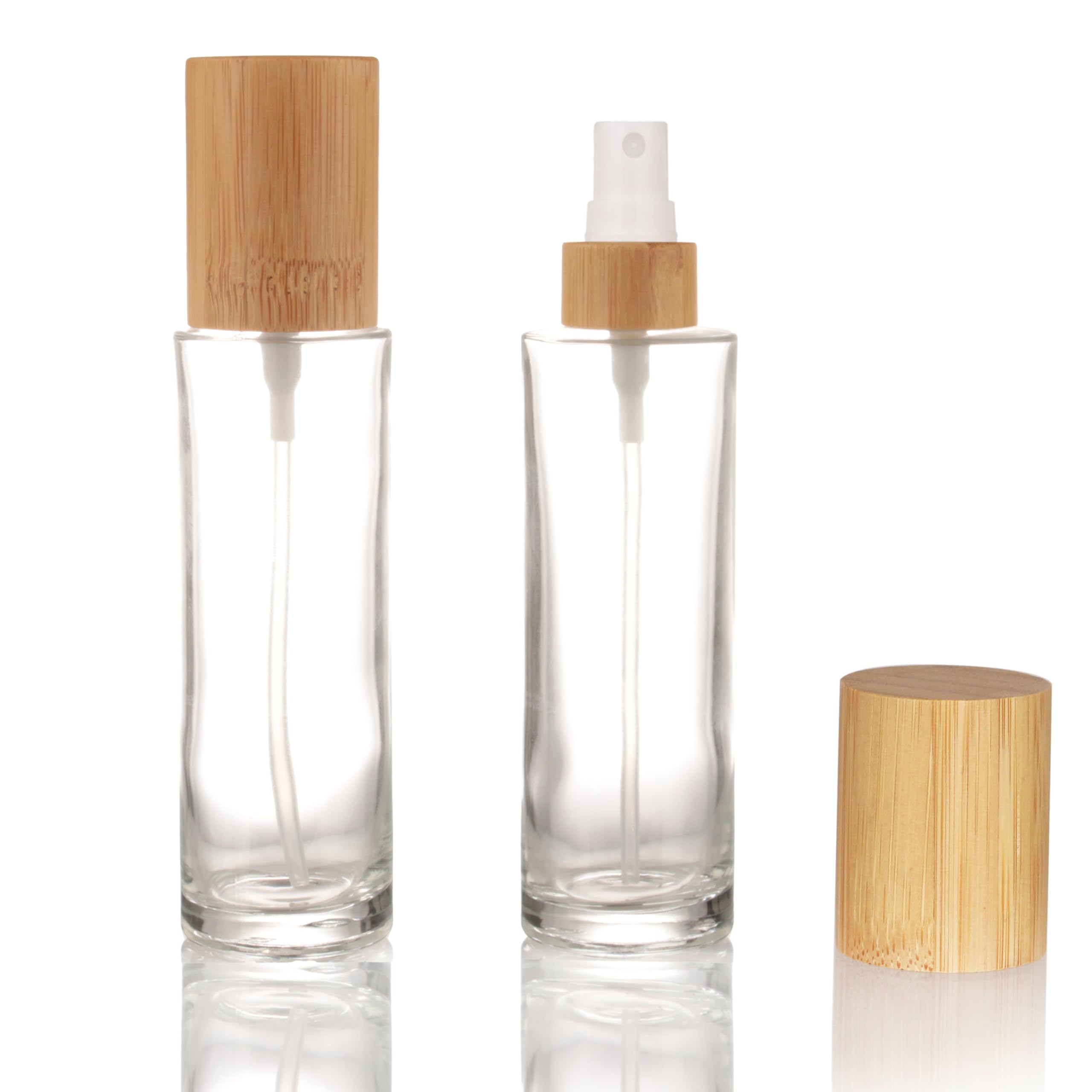 Cosidea 4 Pcs Empty 3.3Oz / 100Ml Bamboo Lid Clear Glass Spray Bottle With Fine Mist Despenser Head For Liquid Perfume Toiletrie