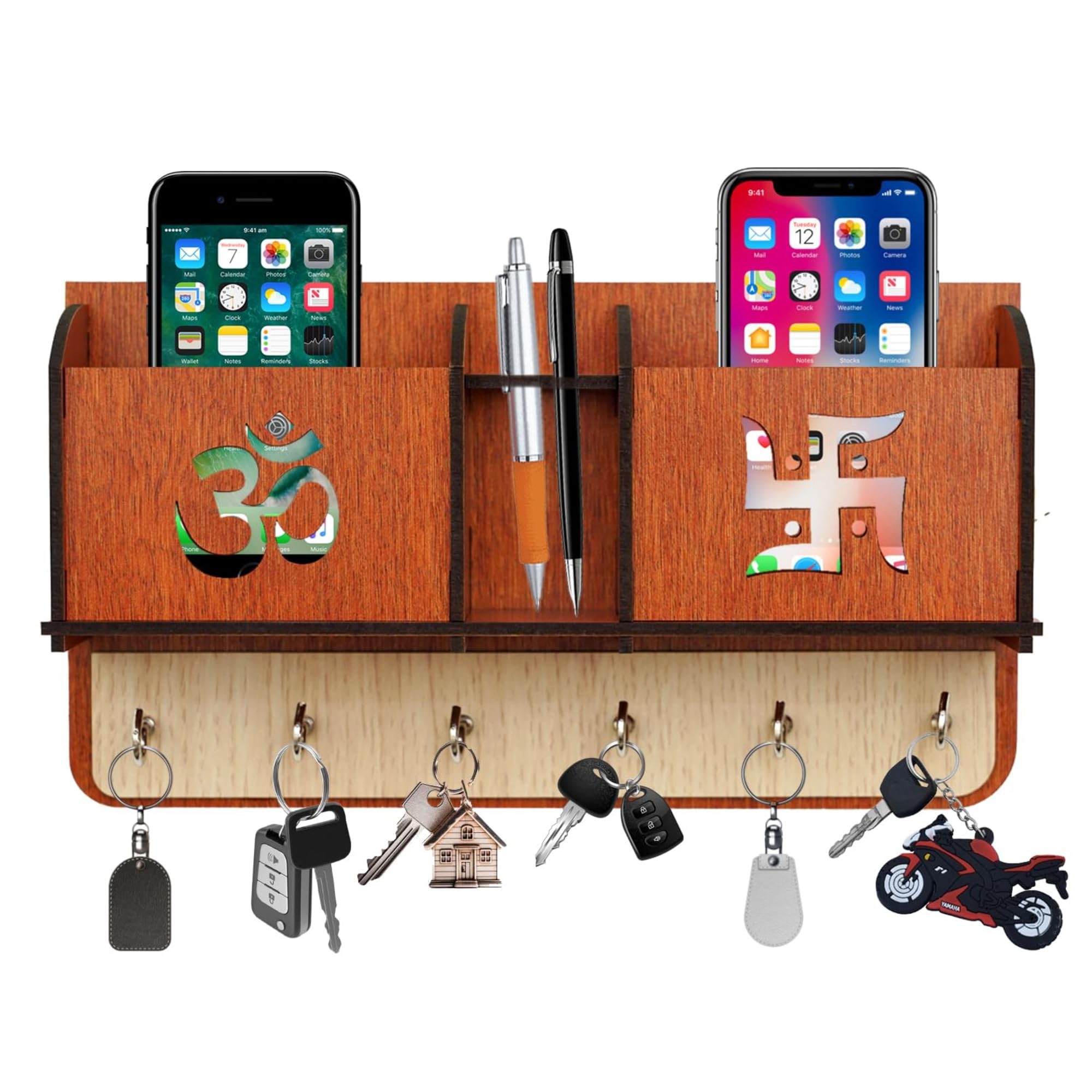 KALMANJUH Wooden Matte Finish Designer Home Side Wall Shelf, Key Holder with 6 Keys Hooks (Brown) Home Decor Items, Diwali Deco