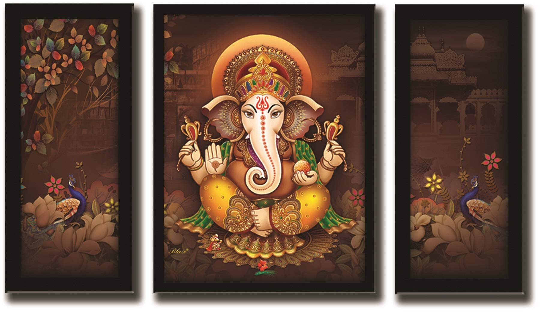 Lifehaxtore Ganesha Art Framed Painting | Uv Textured | 3 Panel Painting | Ready To Hang- (Wood, 24 Inch X 18 Inch)