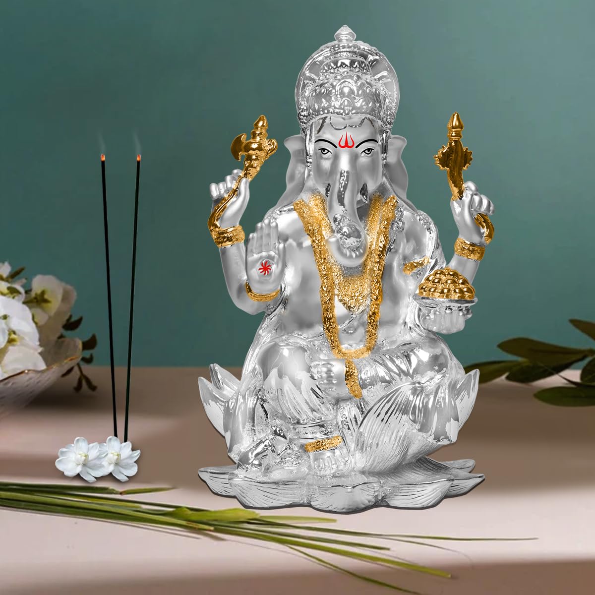 Diviniti Ganesha Idol For Home Decor Showpiece|999 Silver Plated Statue Of Lord Ganesha On Lotus|Ganesh Ji Murti For Puja Room,
