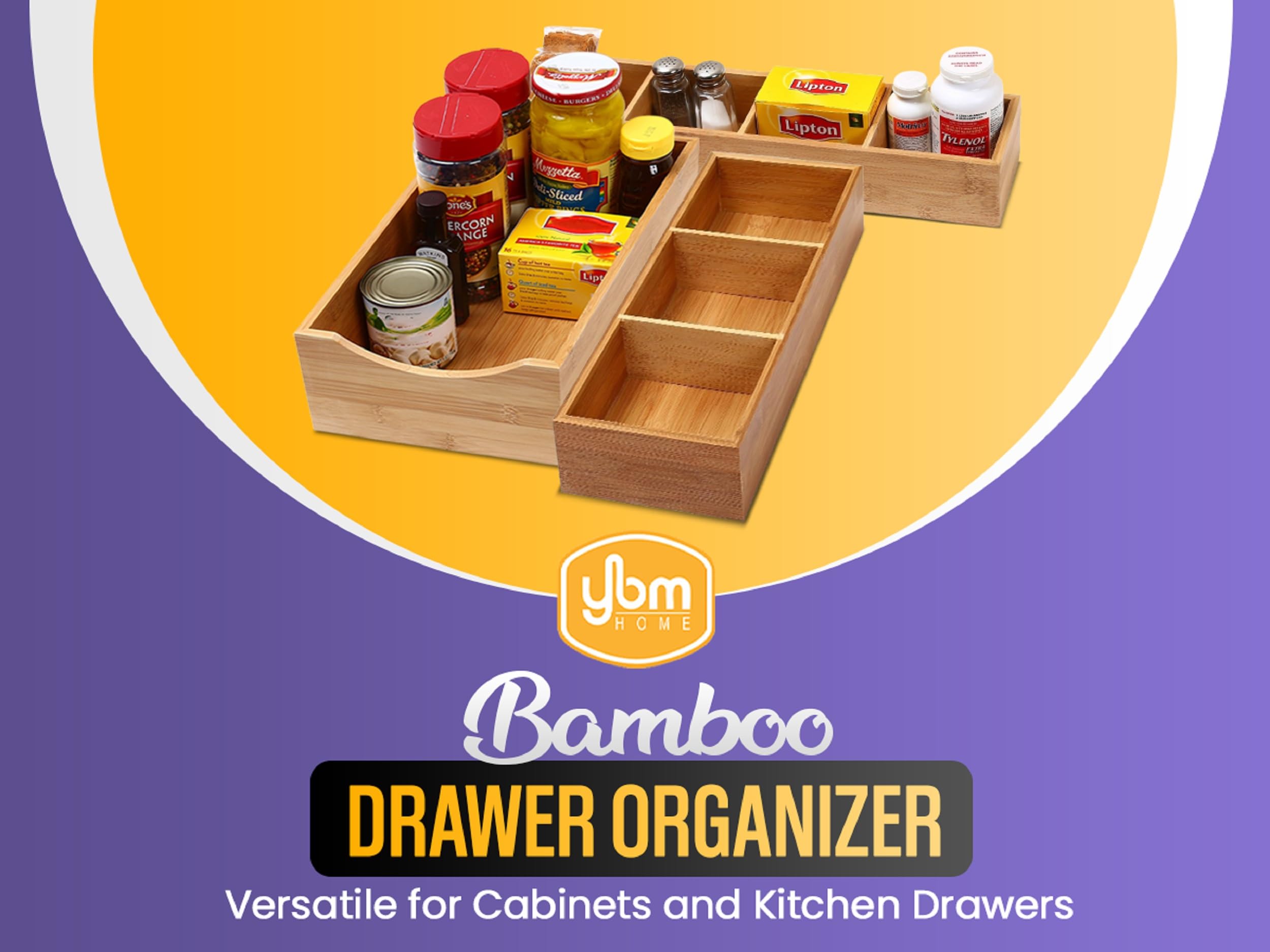 YBM Home 3-Compartment Bamboo Drawer Organizer Box Multi-Use Storage for Junk Drawer, Office, Home, Kitchen, Bedroom, Children R