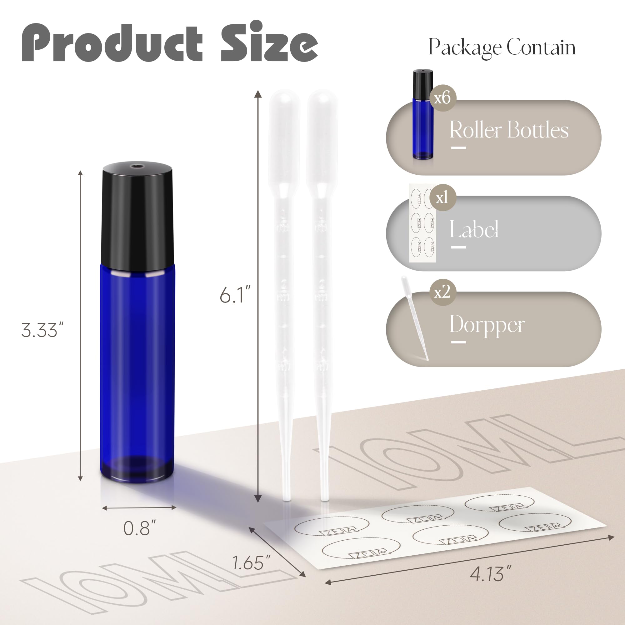 Zejia 10Ml Roller Bottles For Essential Oils, 6 Pack Roll On Bottles, Cobalt Blue Thick Glass Roller Bottles For Oils, With Stai