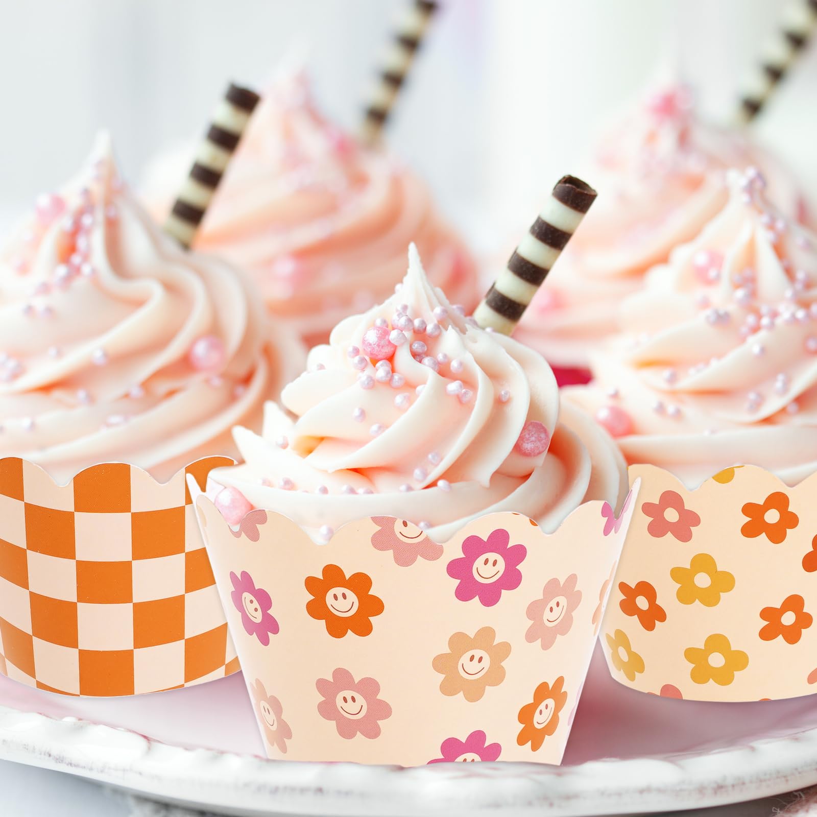 Whaline 36Pcs Retro Groovy Cupcake Wrappers Vintage Smile Daisy Checkered Cupcake Liners Pink Orange Boho Paper Baking Cup Cupca