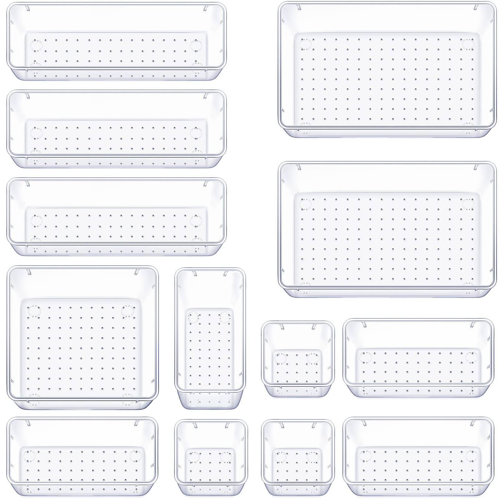 WOWBOX 13 PCS Clear Plastic Drawer Organizer Set, 5 Sizes Desk Drawer Divider Organizers and Storage Bins for Makeup, Jewelry, G
