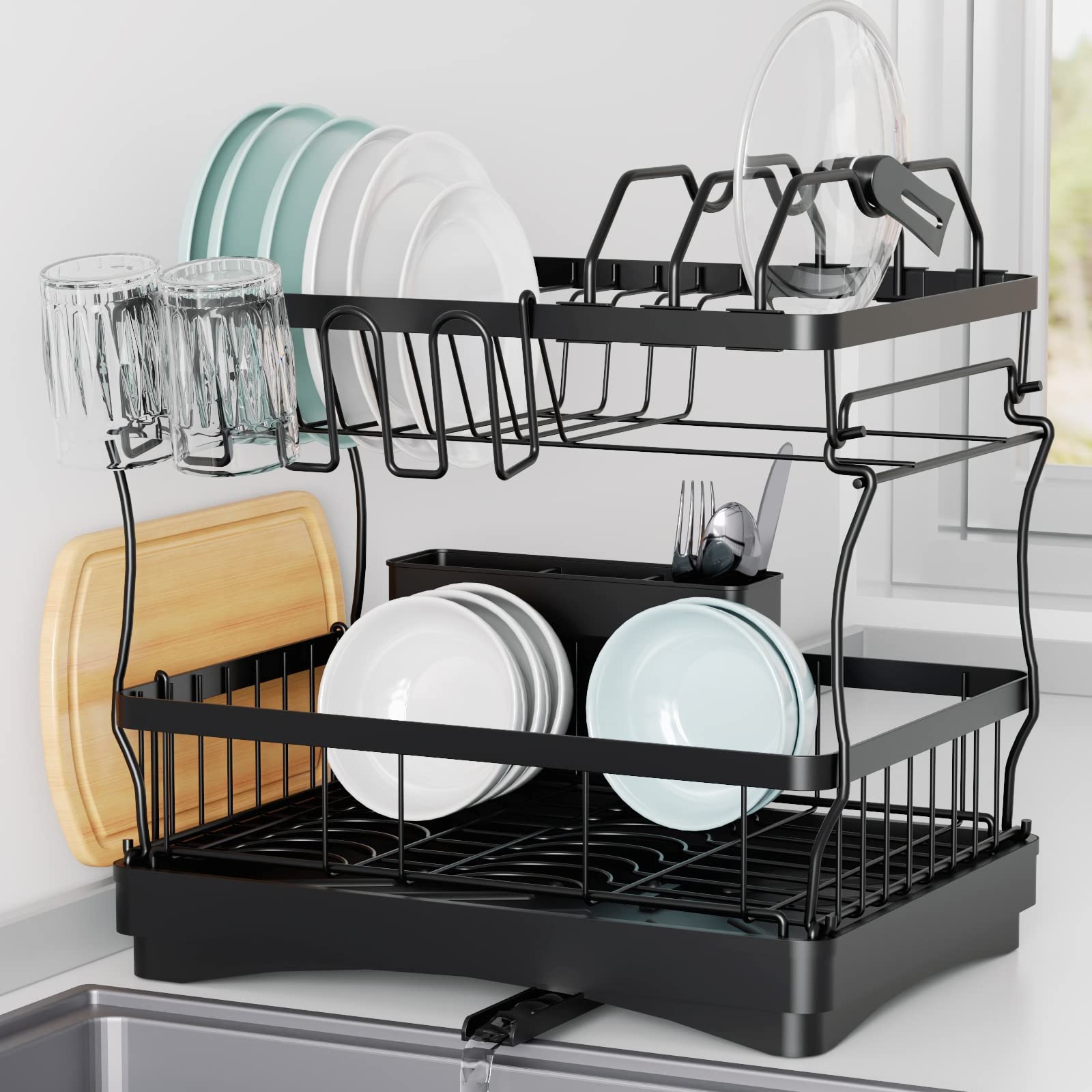 Aonee Dish Drying Rack, 2 Tier Dish Rack With Water Locking Function Drainboard, Pot Rack, Cutlery Holder, Cutting-Board Holder