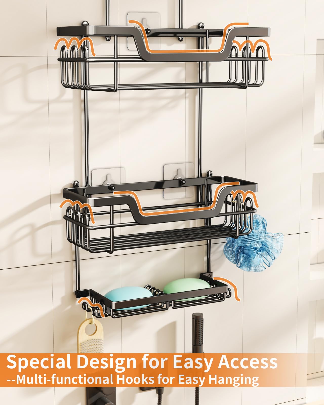 Swtymiki Hanging Shower Caddy, 3 Tier Rustproof Shower Organizer Over Shower Head With 16 Hooks & Dual Soap Holder, Large Capaci
