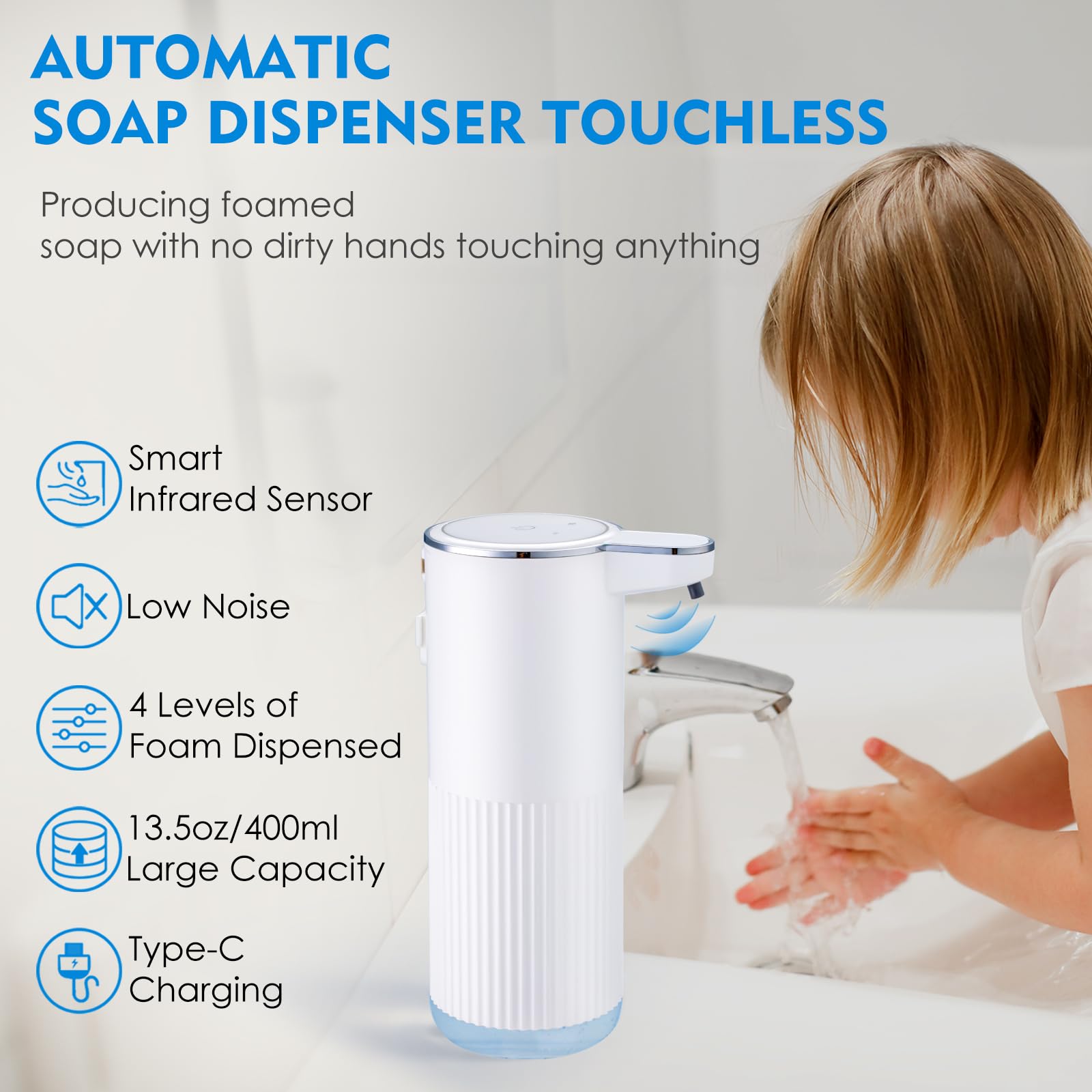 Xinkora Automatic Foaming Soap Dispenser, 4-Level Adjustable Foam Hand Soap Dispenser, Usb Rechargeable Touchless Soap Dispenser