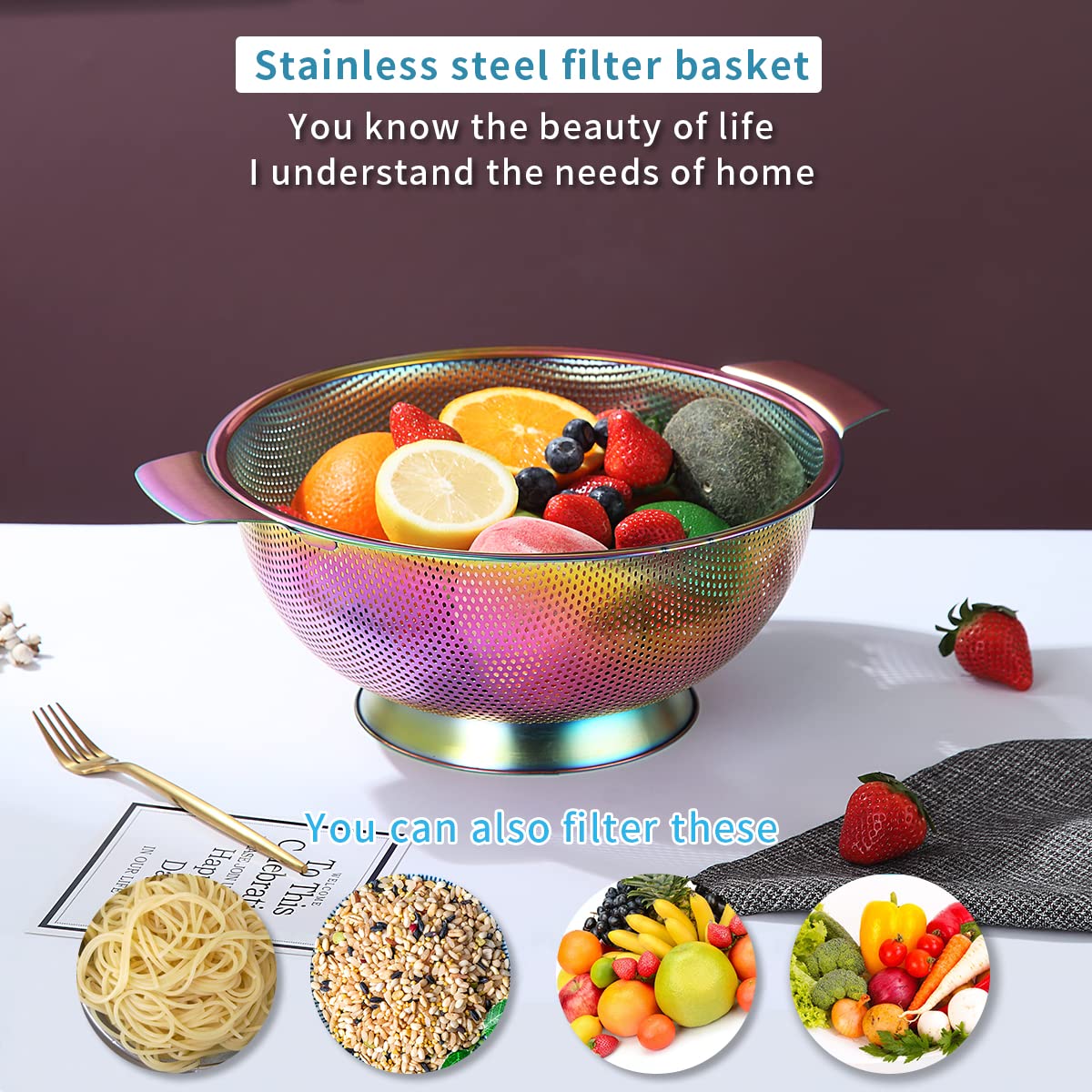 Kyraton Rainbow Colander 5 Quart, Professional Titanium Colorful Plating Stainless Steel Strainer With Heavy Duty Handles And Se