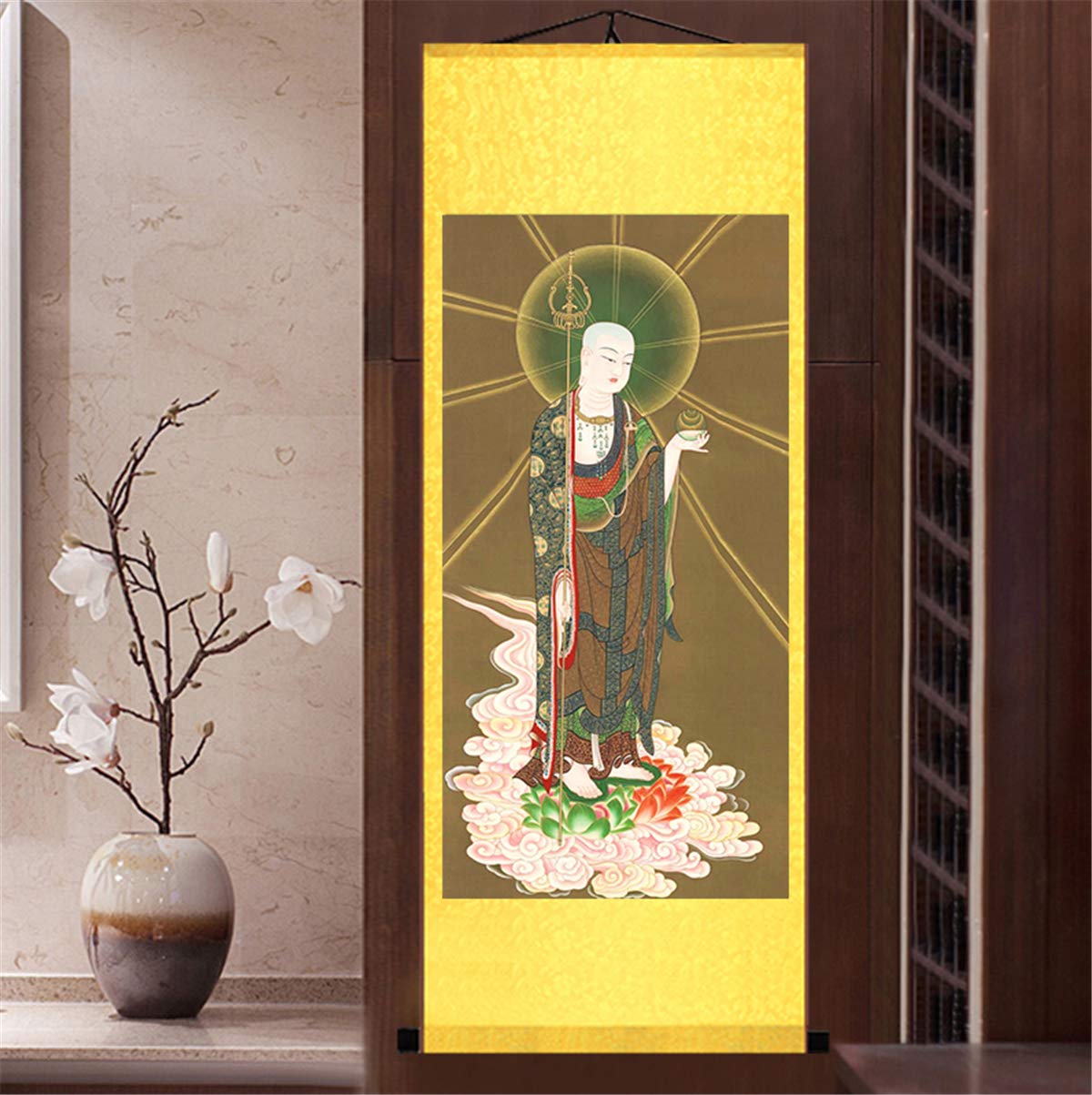 Zzooi Ksitigarbha Silk Hanging Painting Wall Art Hanging Scroll,Ksitigarbha Bodhisattva