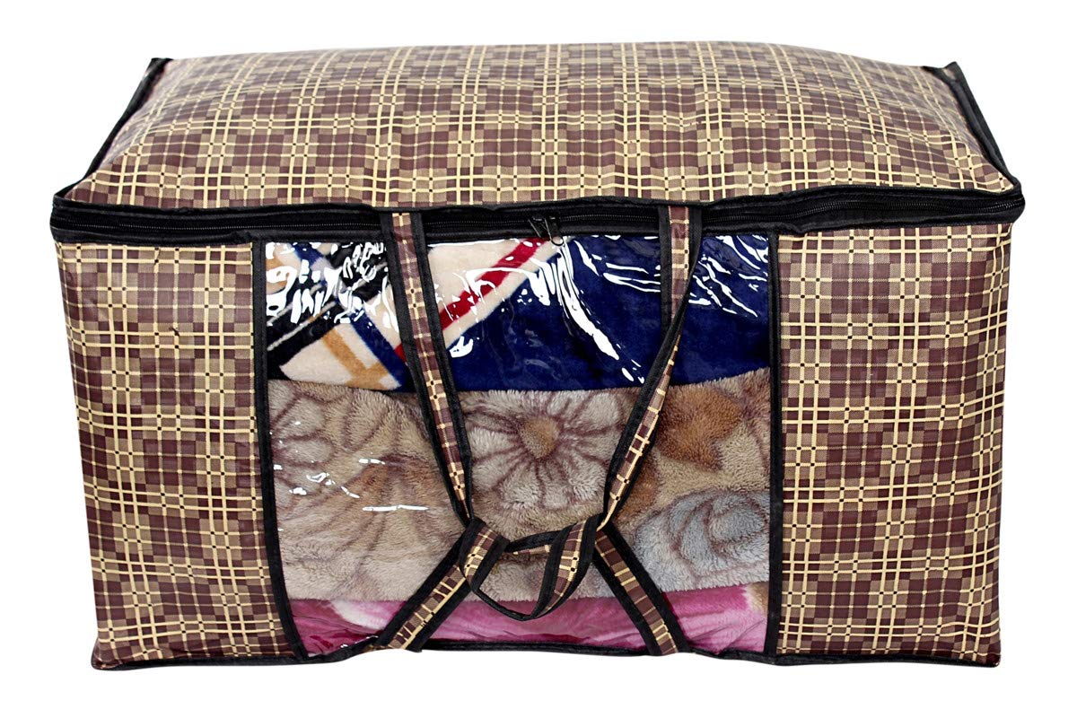 The Furnishing Tree Blanket Bag/Storage Bag/Quilt Bag Small Size Checkered Pattern Brown Set Of 1