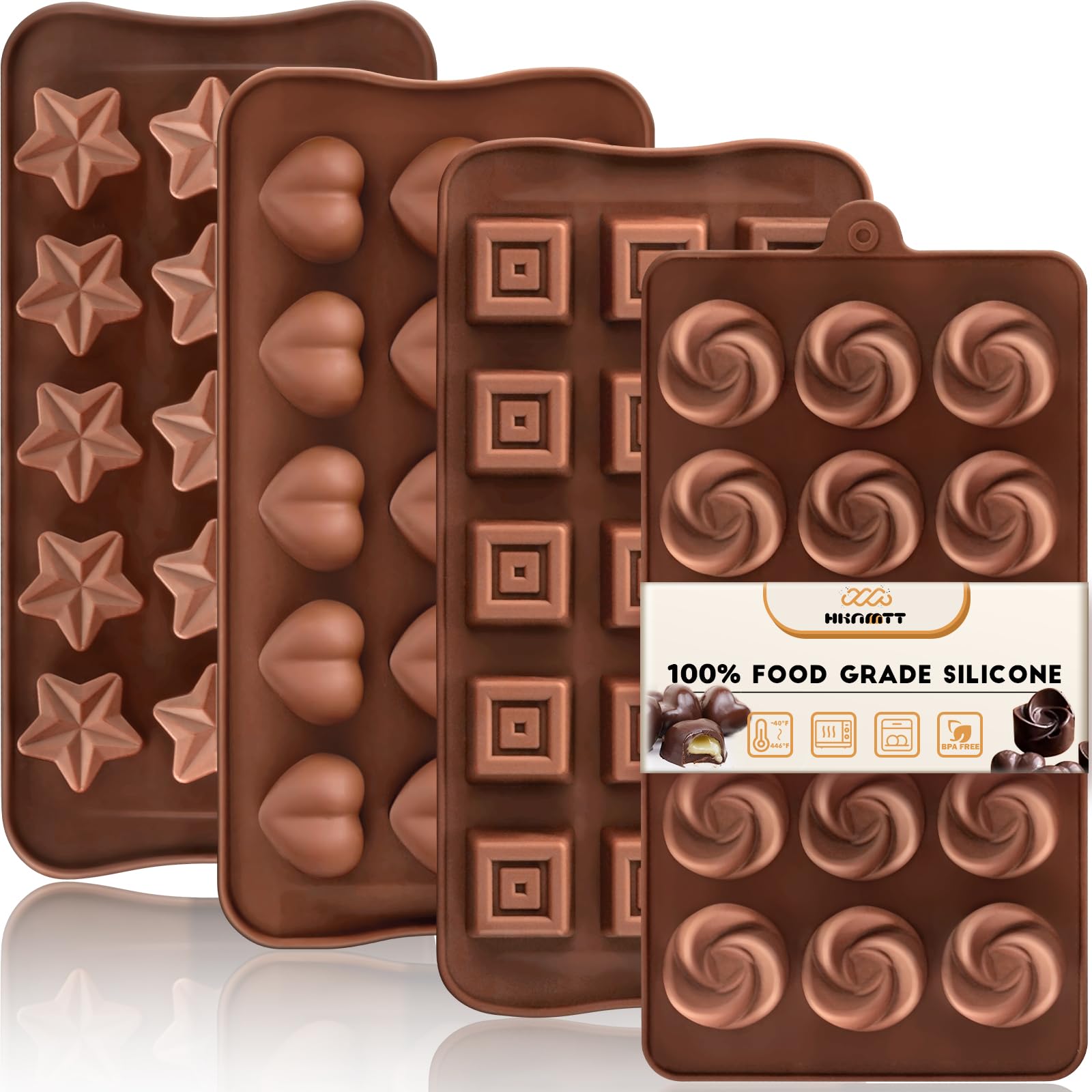 HKNMTT Chocolate Molds Silicone for Hard Candy Butter, 4 Pcs Small Bite Size Heart Star Sqaure Shapes Truffle Caramel Mould, Hom
