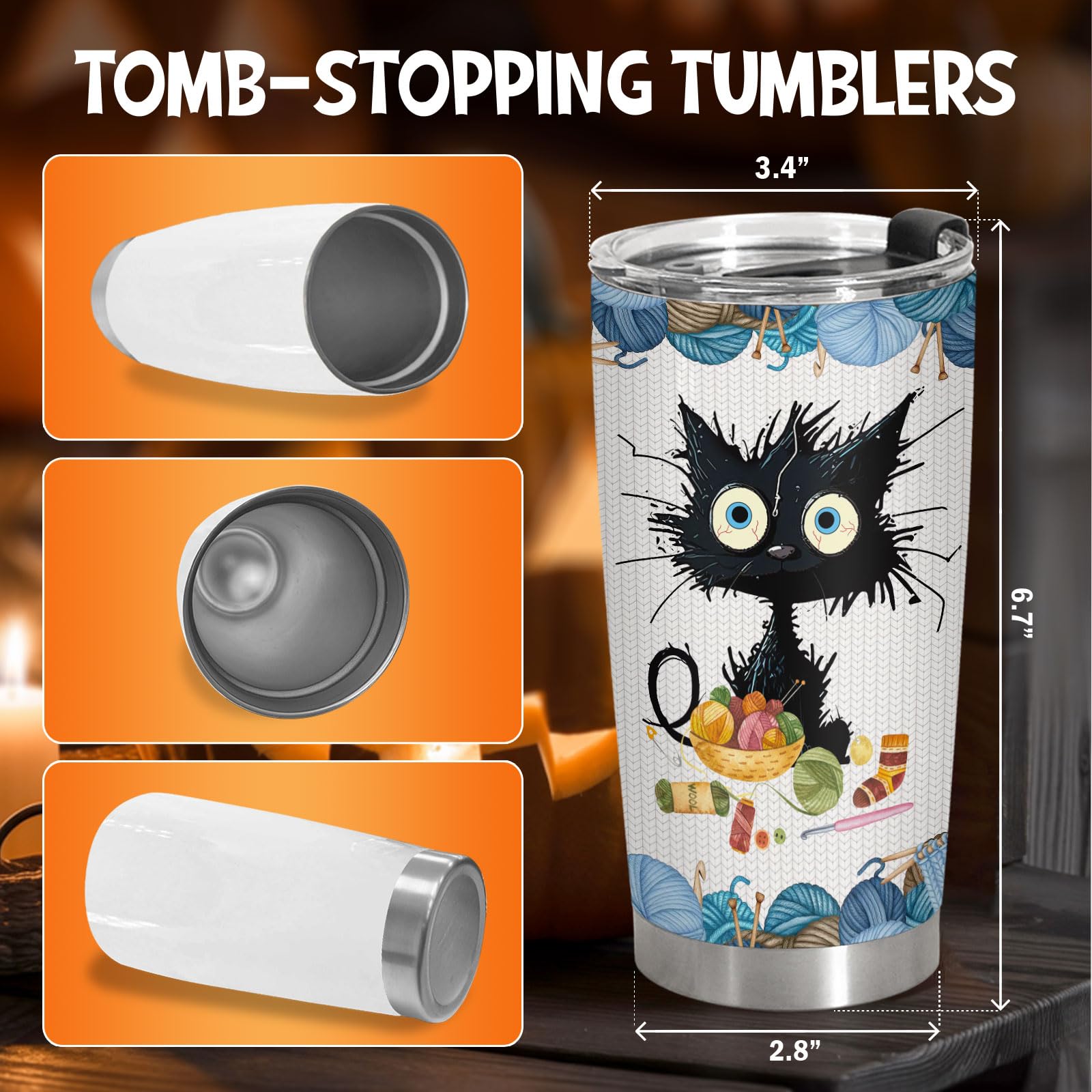 34HD Black Cat Tumbler with Lid, 20oz Vacuum Insulated Cat Coffee Cup, I Crochet So I Dont Choke People Mug, Crochet Lover Gifts