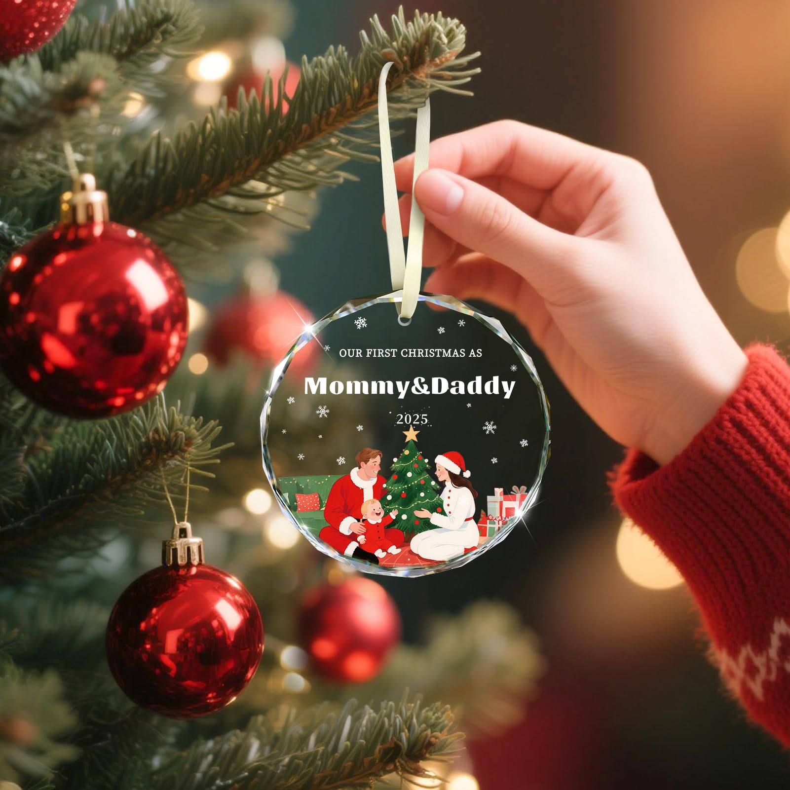 Family Christmas Ornaments 2025, Our First Christmas As Mommy and Daddy Ornament Crystal Glass Heartfelt Gift for First Time Mom