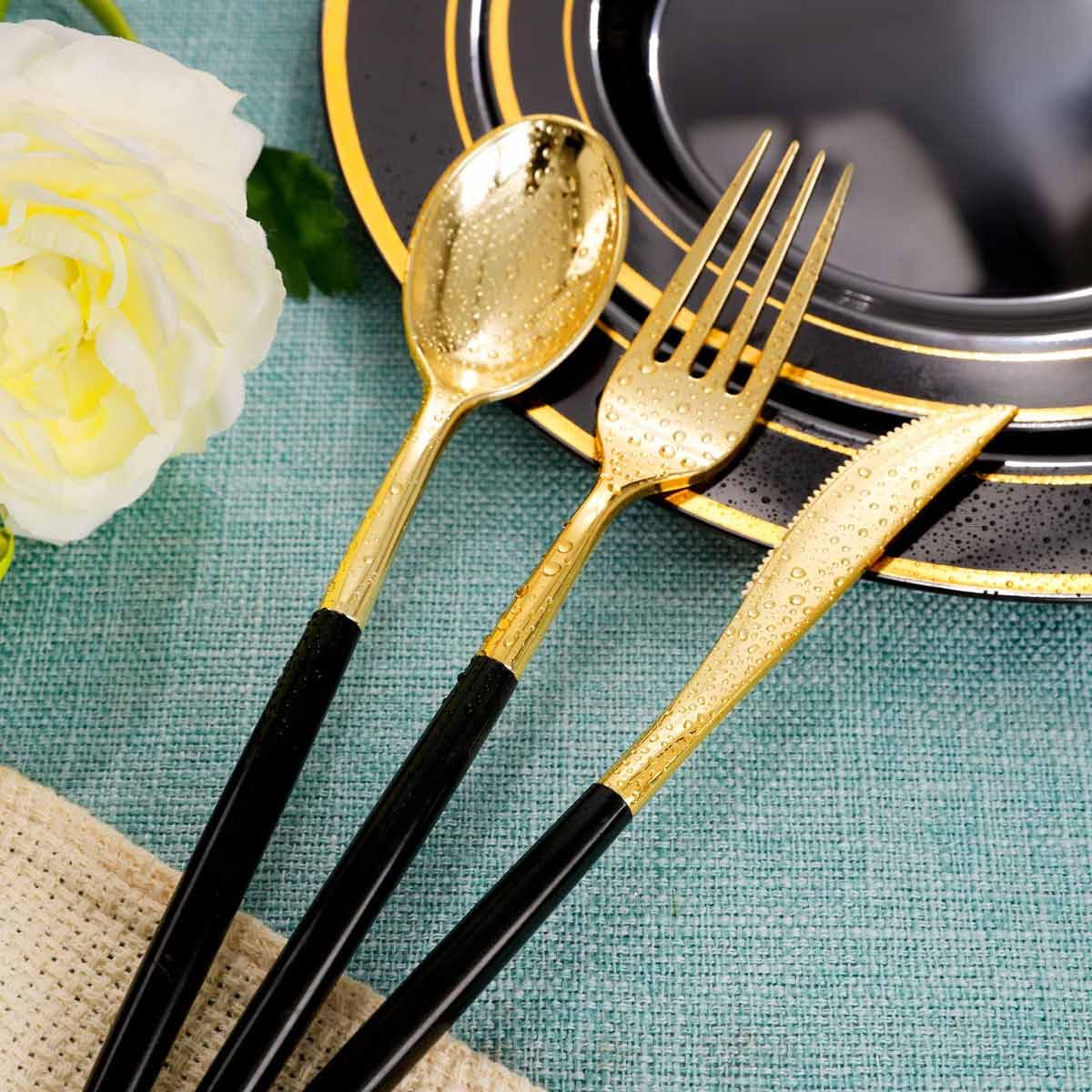 Rubtlamp 96 Pcs Gold Disposable Silverware, Gold Plastic Cutlery, Gold Utensils Plastic With Black Handle Include 32Forks, 32Spo