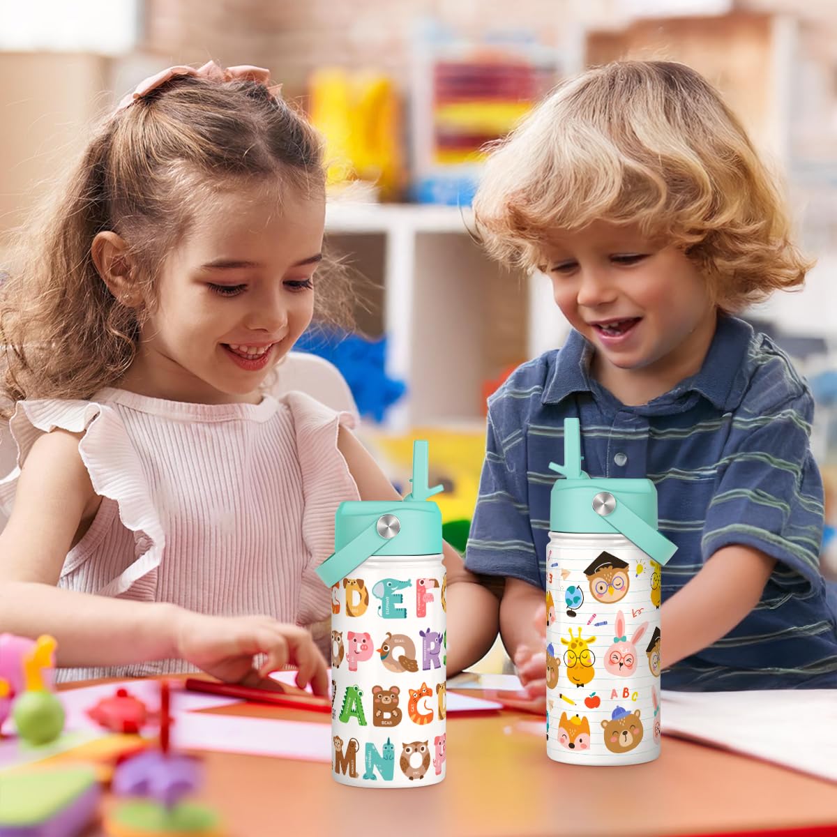 SANDJEST Alphabet Kids Water Bottle with Straw Lid 12oz Insulated Stainless Steel, Travel Tumbler, Animal Gifts for Boys Girls,
