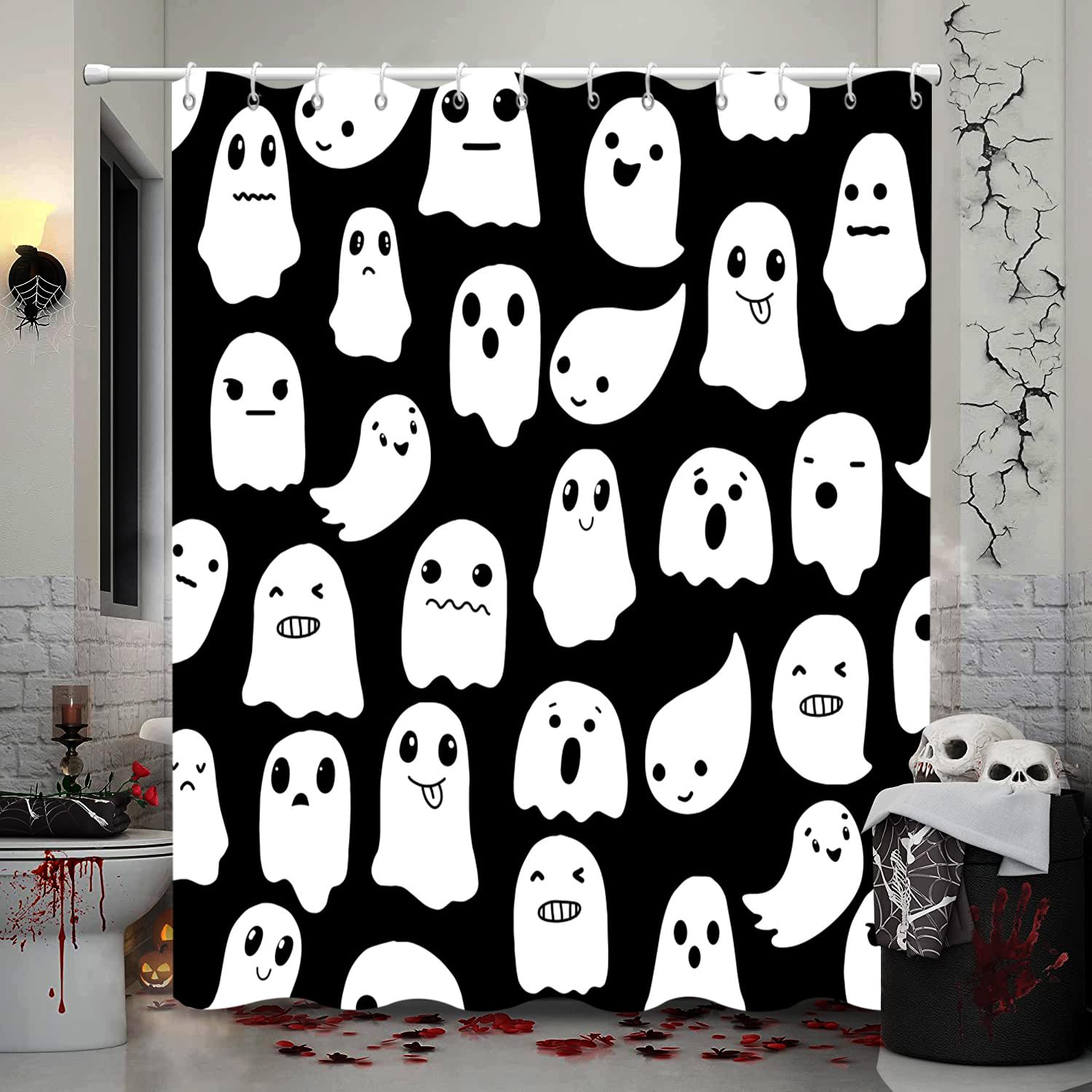 Gcirec Halloween Ghost Shower Curtain, Black And White Spooky Cute Funny Cartoon Ghosts Icons Funny Bathroom Curtain Bathtub Hom