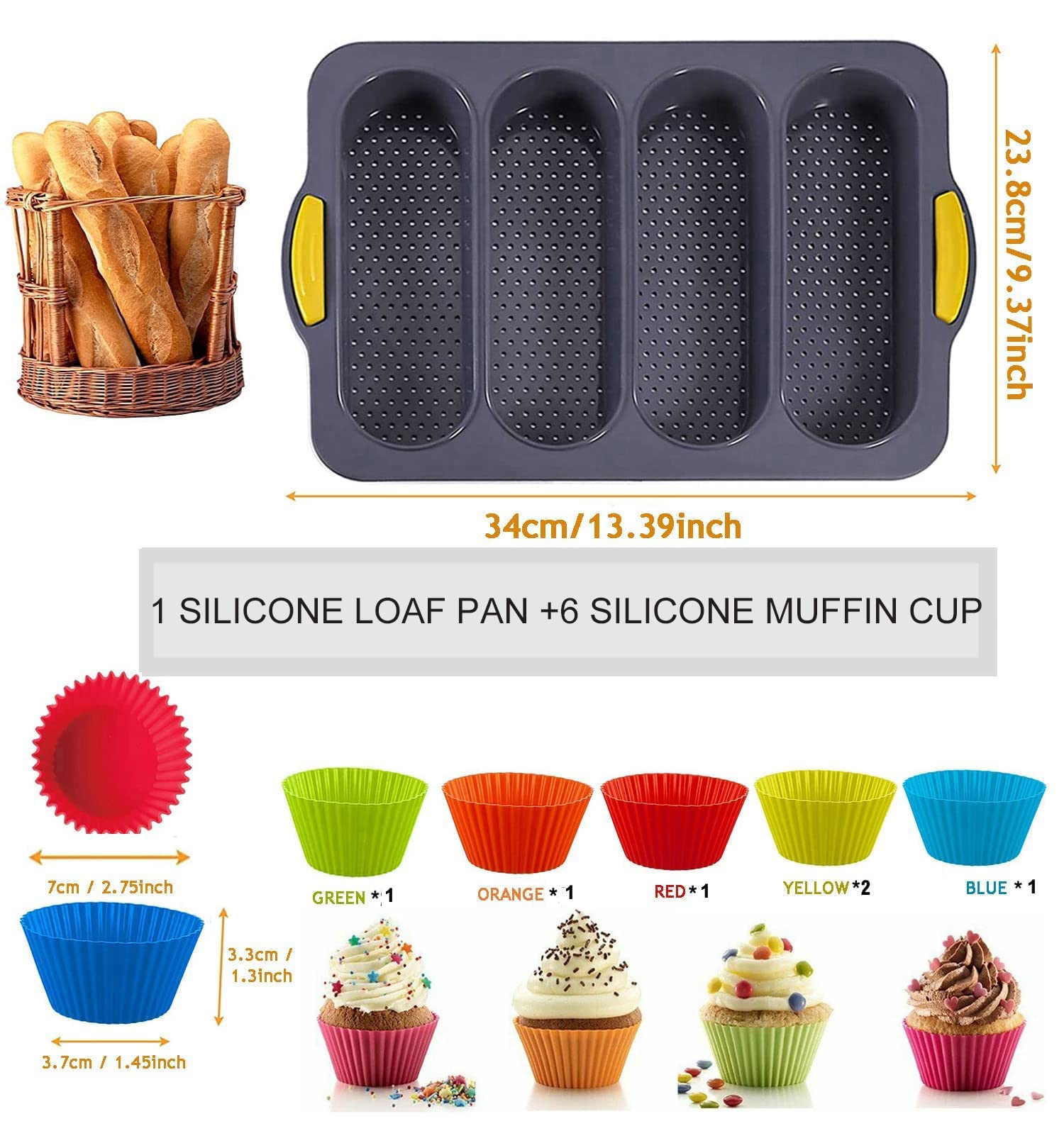 Mujuze Bread Pans For Baking, Silicone Bread Pan With 6 Muffin Cups, French Bread Loaf Pan Nonstick & Heat Resistant Silicone Ba