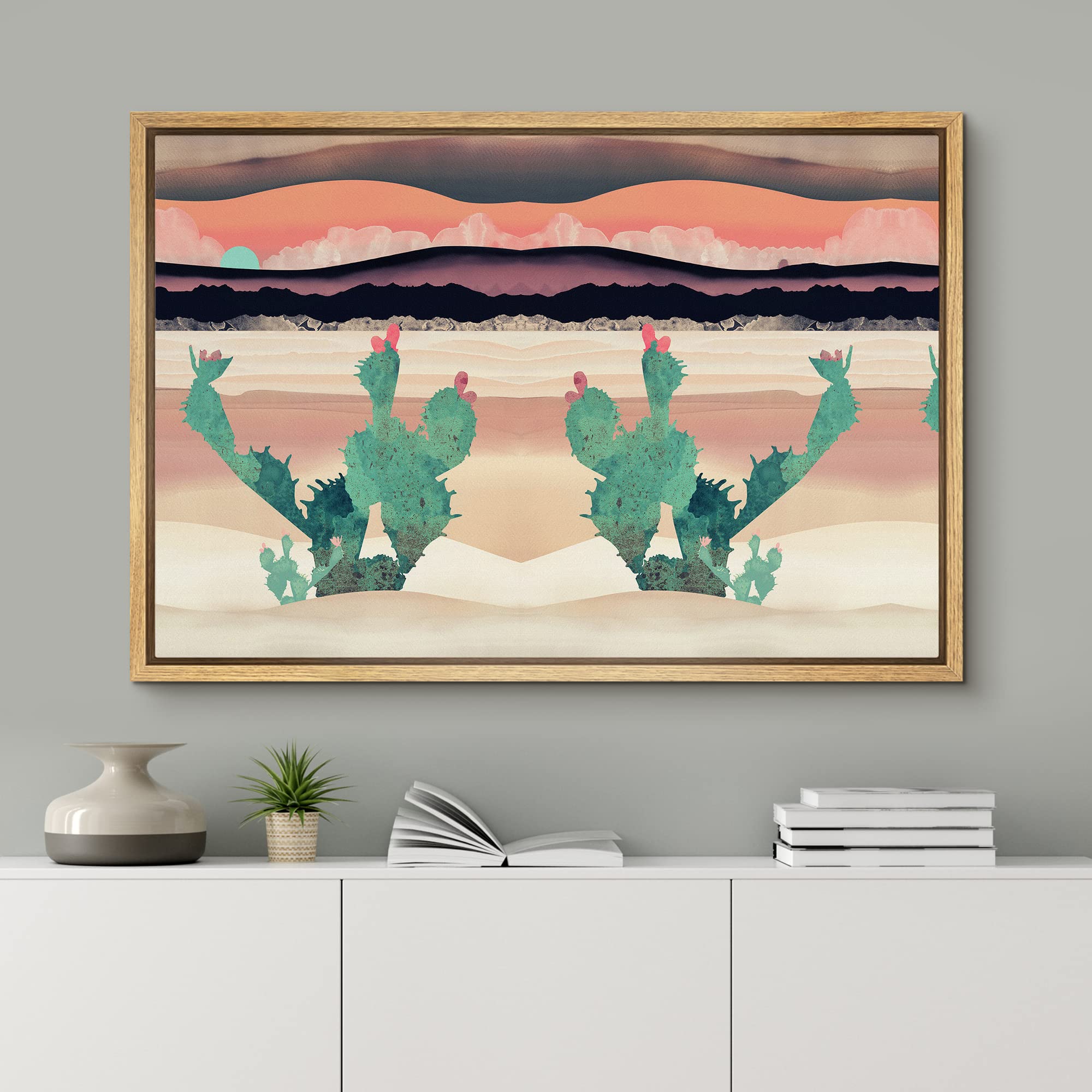 Signford Framed Canvas Print Wall Art Green Desert Cactus With Pink Flowers Abstract Wilderness Illustrations Modern Art Rustic