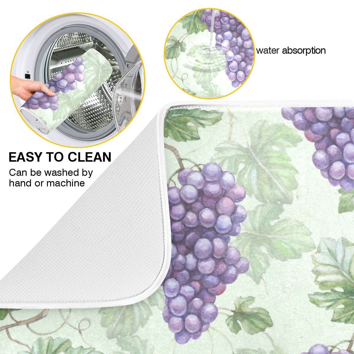 Grapes Purple Rustic Dish Drying Mat for Kitchen Green Leaves Country Fruits Microfiber Drying Mats Absorbent Reversible Dish Pad Medium Dish Draining Mat 16x18 inch