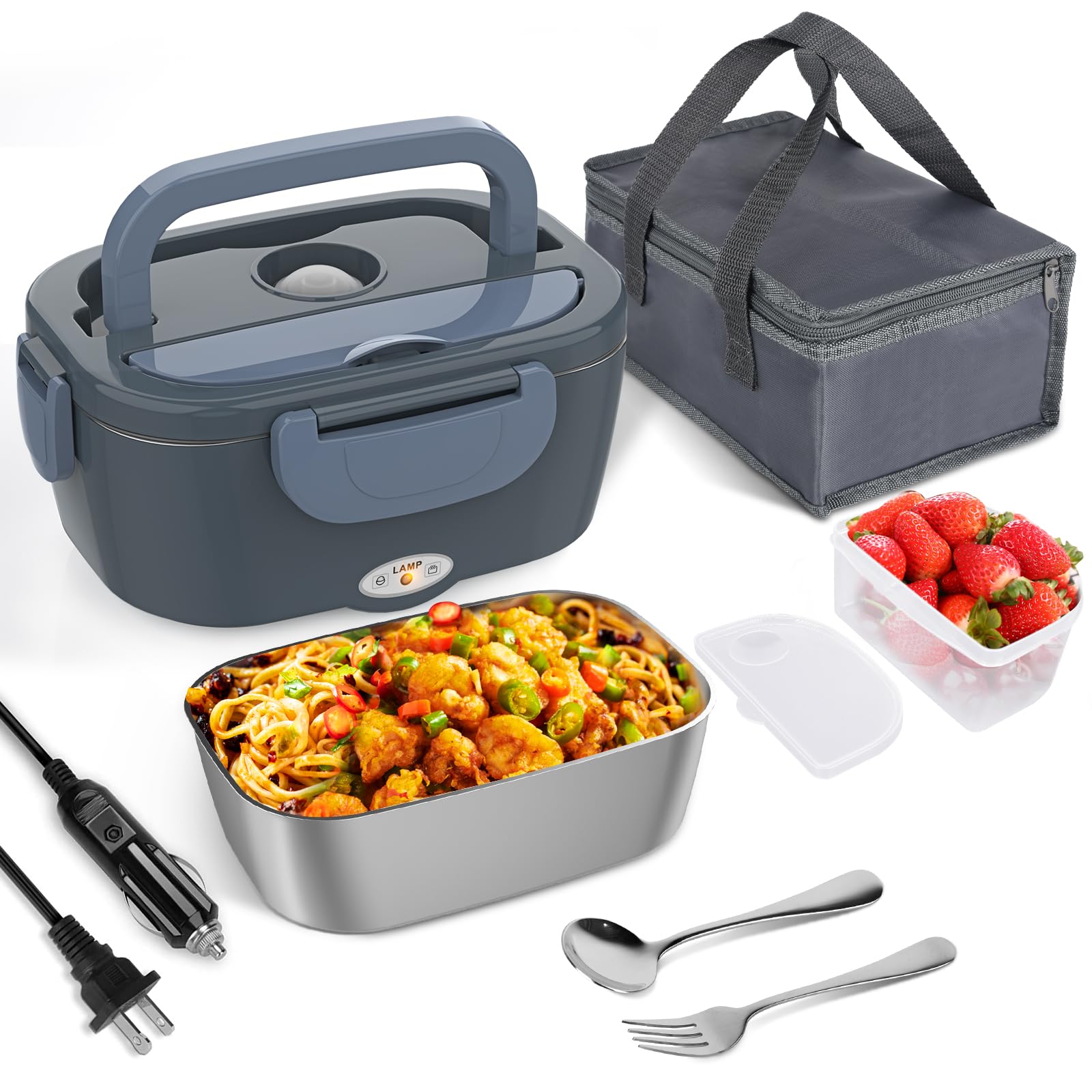 Electric Lunch Box for Adults, 80W Rapid Heated Lunch Box 12V/24V/110V for Car/Truck/Office/Travel with 1.5L Stainless Steel Con