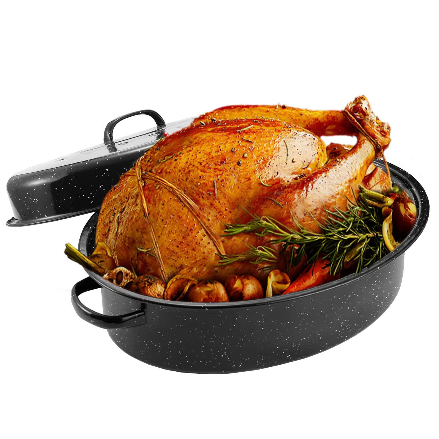 Jy Cookment Granite Roaster Pan, 18    Enameled Roasting Pan With Domed Lid. Oval Turkey Roaster Pot, Broiler Pan Great For Turk