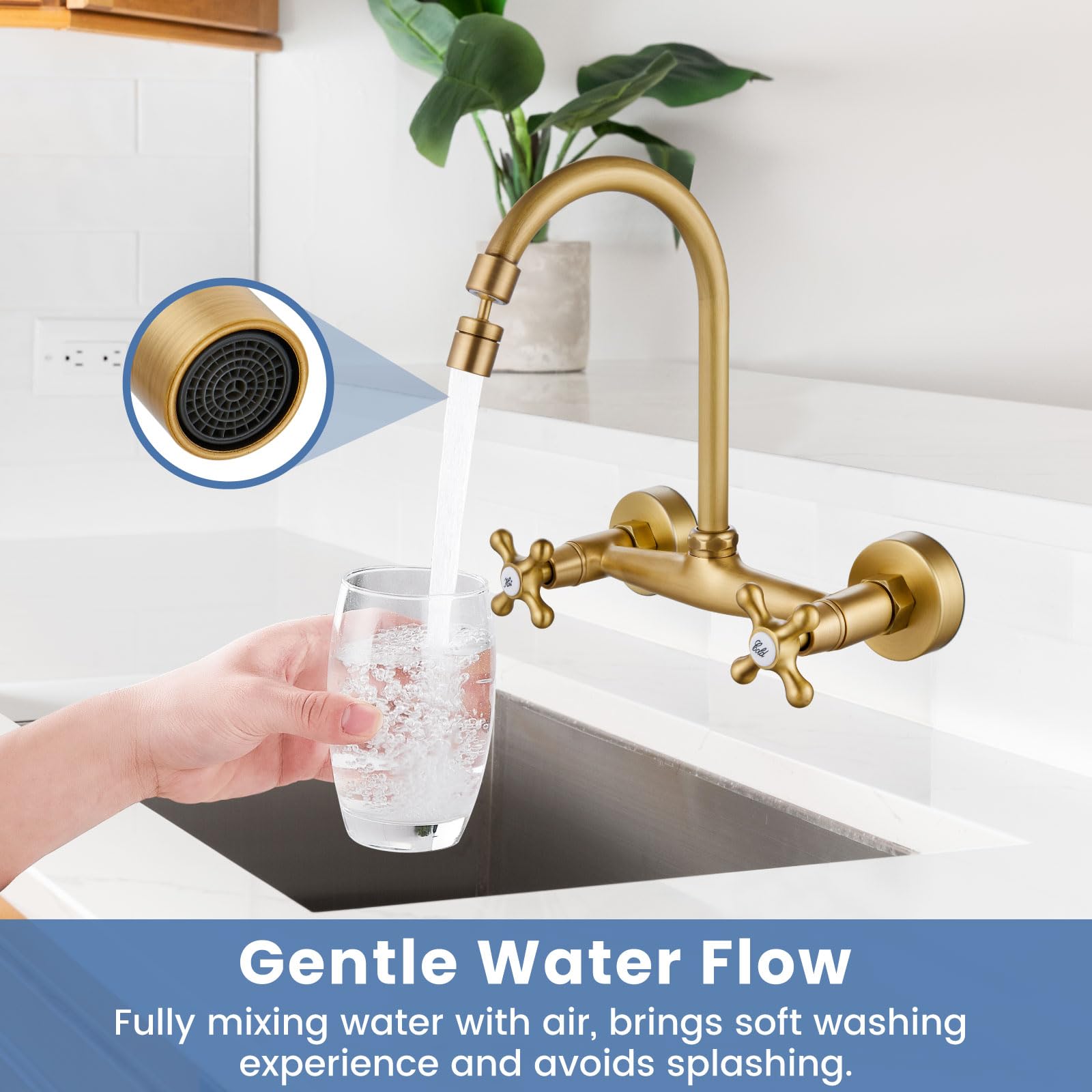Airuida Antique Brass Wall Mount Kitchen Sink Faucet Wall Mounted Kitchen Faucet 8 Inch Center Double Cross Handles 360 Degree Swivel Spout Restaurant Utility Laundry Mixer Tap Commercial