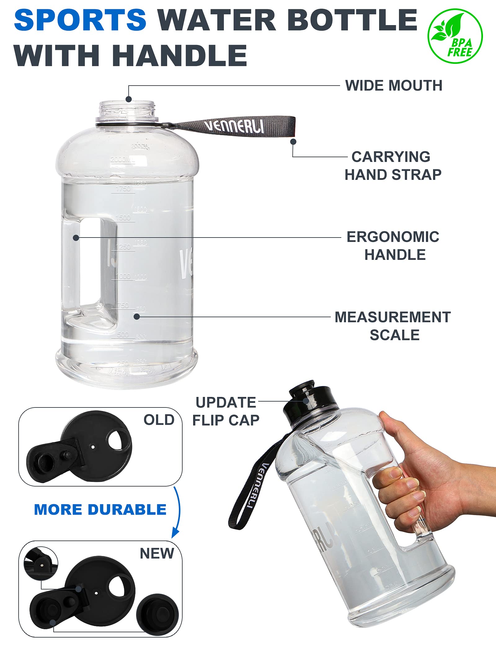 VENNERLI Water Bottle with Handle Portable Large Plastic Water Bottles for Adults BPA-free Half Gallon Water Bottle Reusable 2 Liter Water Jugs for Outdoor Hiking Fitness Travel Camping Cycling