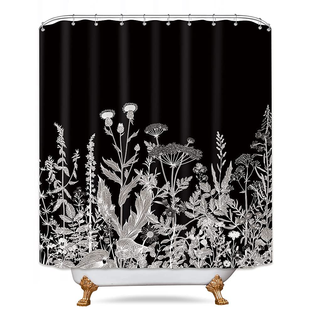 Riyidecor Wild Floral Wildflower Shower Curtain Botanical Herbs Black Plant Nature Blossom Flower Leaf Sketch Waterproof Fabric 72Wx72H Inch Polyester Bathroom Bathtub Decoration 12 Pack Plastic Hooks