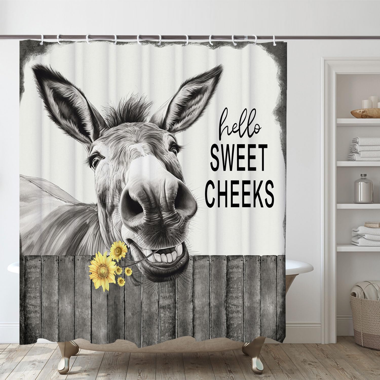 Lkfbsc Funny Donkey Shower Curtain, Black And White Farmhouse Farm Animal 36X72 Shower Curtain Set, Gray Hello Sweet Cheeks Rust