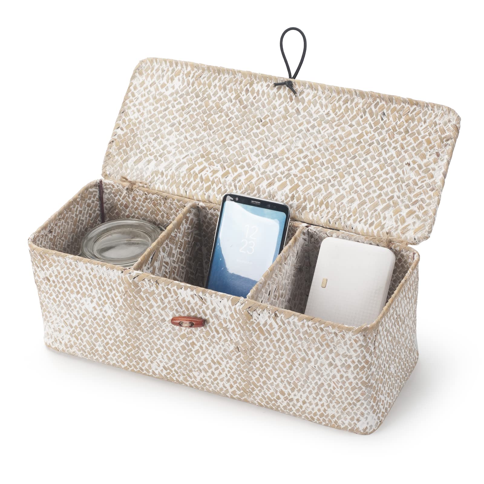 Seagrass Storage Basket with Lid Rectangular Small Woven Shelf Baskets with Sections for Organize Snack Toys Whitewash