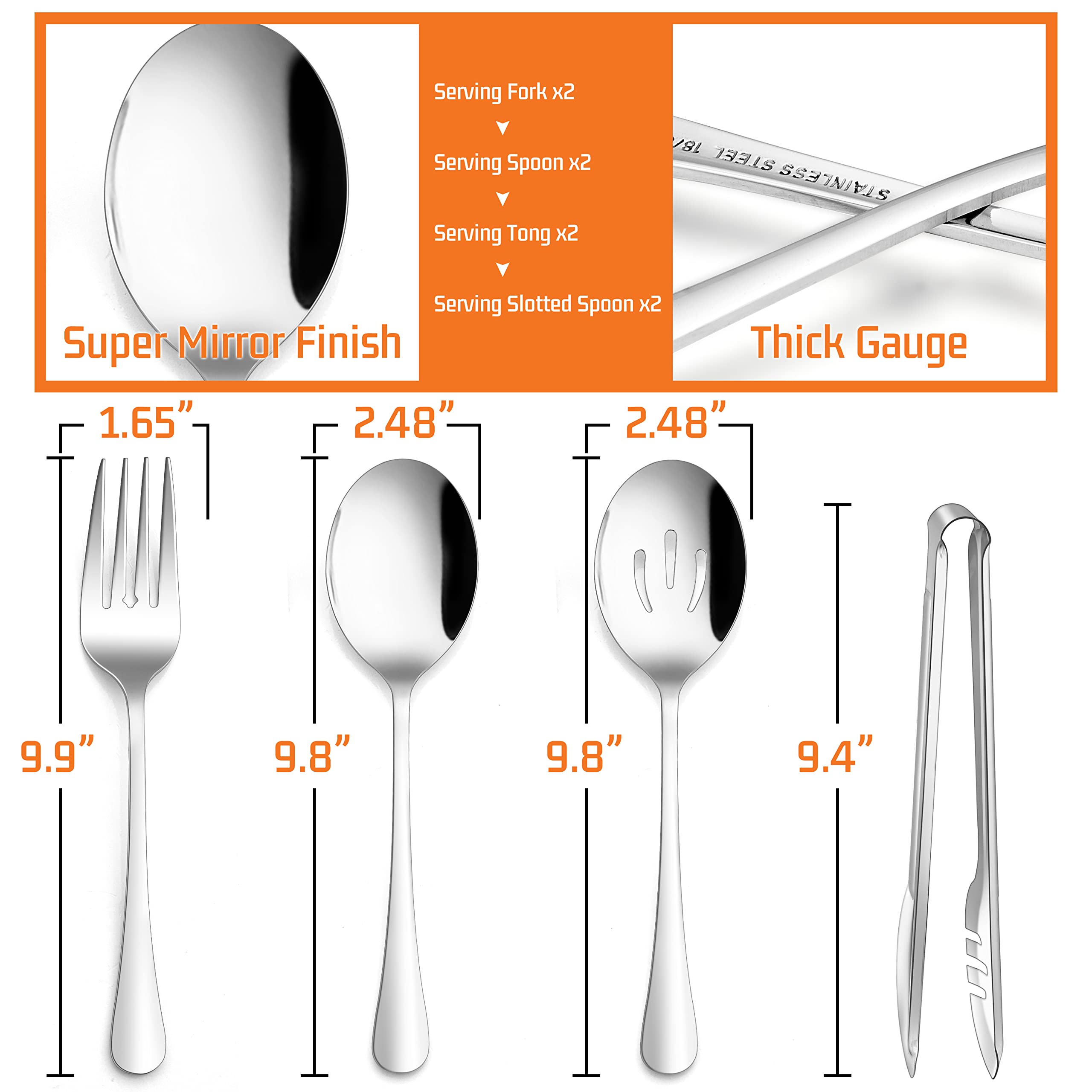 E-Far Large Serving Utensils Set Of 8, Stainless Steel 9.8 Inch Serving Spoons Slotted Spoon, 9.9 Inch Serving Fork, 9.4 Inch Se