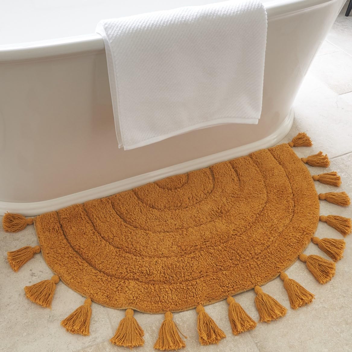 Beautiful Boho Rug With Tassels For Your Bathroom - Soft Half Circle 100% Cotton Mat Fits Perfectly Into Your Home - A Cute, Non