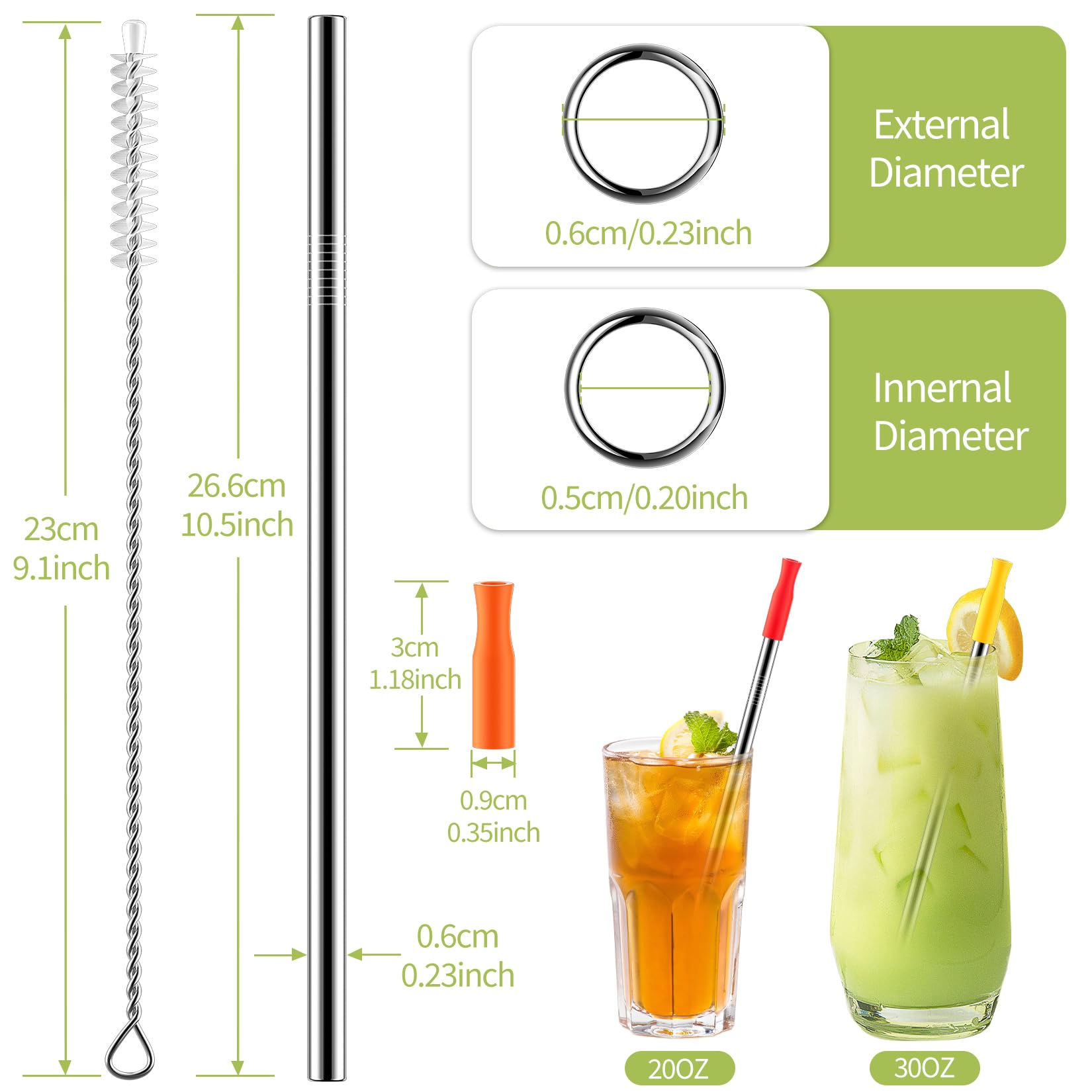 Huaqi Stainless Steel Metal Straws With Silicone Tips Set Of 10 Straight Reusable Drinking Straws For Yeti 20Oz 30Oz Tumblers (1