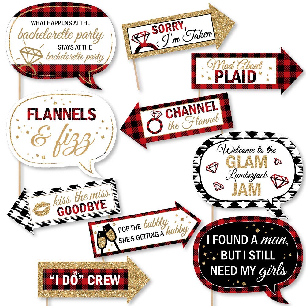 Big Dot Of Happiness Funny Flannel Fling Before The Ring - Buffalo Plaid Bachelorette Party Photo Booth Props Kit - 10 Piece