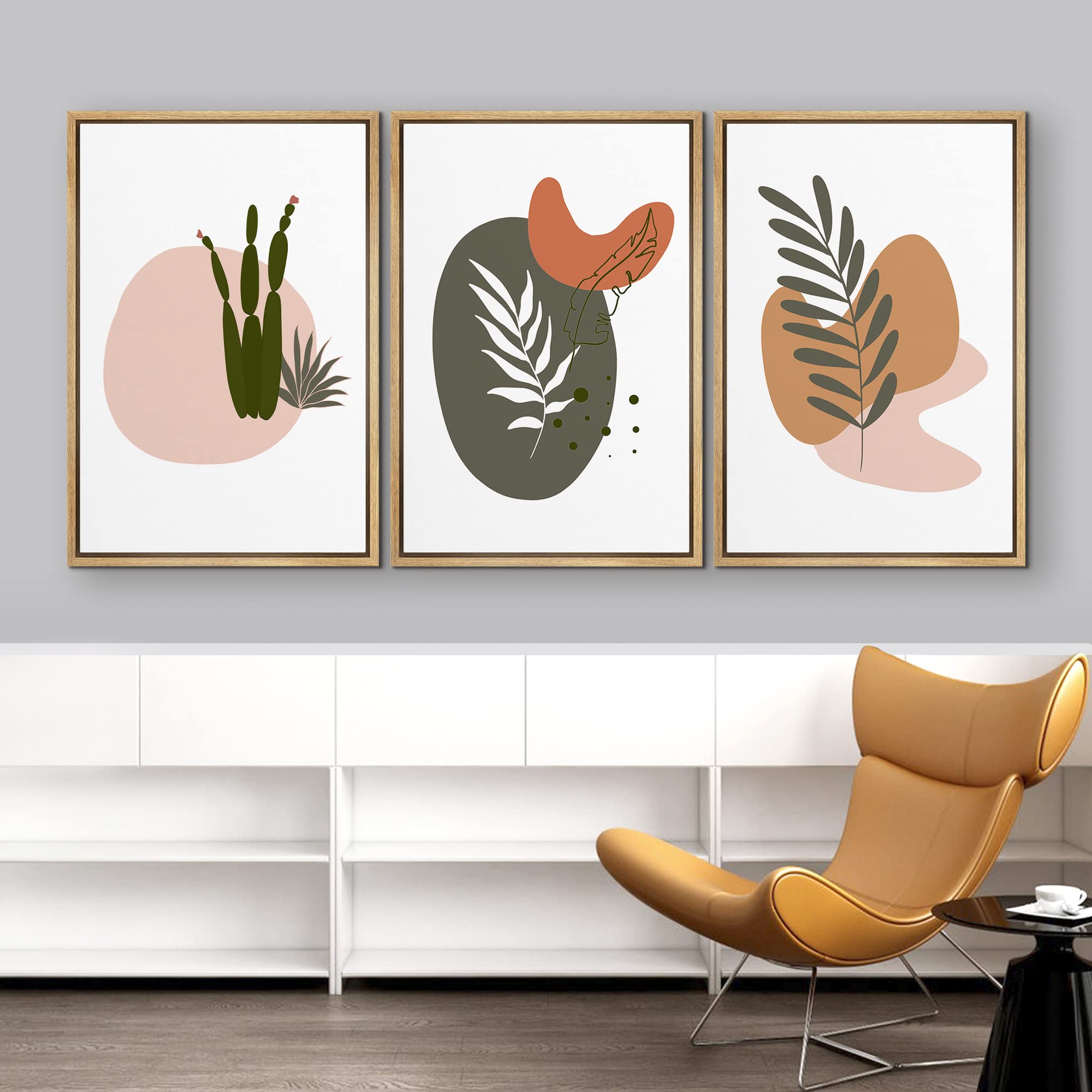 Idea4Wall Framed Wall Art Print Set Green Leaves With Abstract Colored Circles Geometric Flower Illustrations Modern Art Rustic
