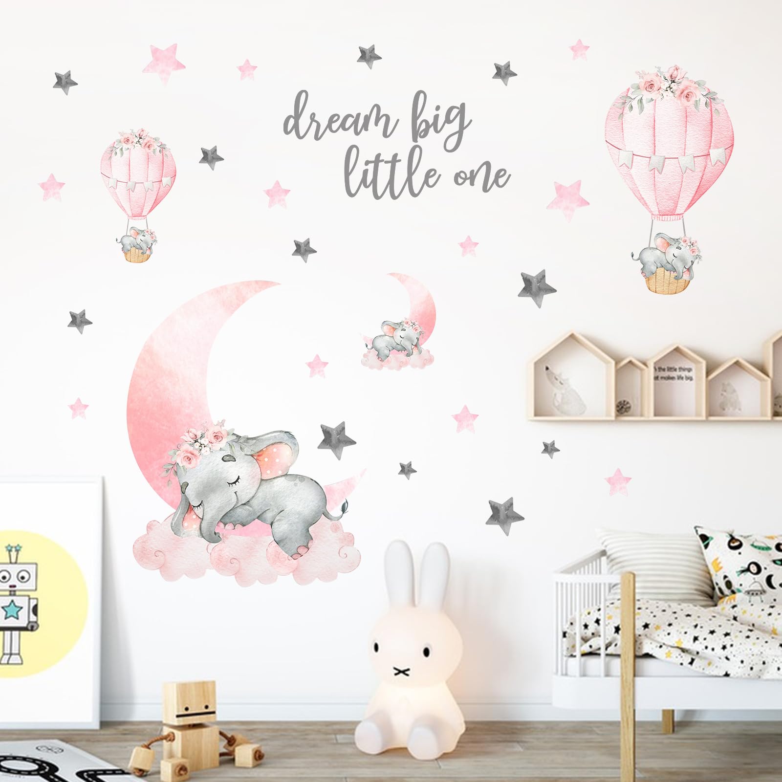 Yovkky Girls Sleeping Elephant Dream Big Little One Nursery Wall Decals Stickers  Watercolor Pink Moon Hot Air Balloon Grey Star Crib Decor  Home Baby Shower Toddler Room Decorations Kids Bedroom Art