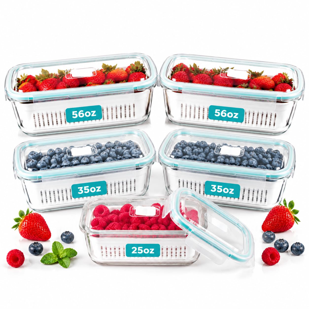 FLCJYLJXF Glass Berry Containers for Fridge, 5 Pack, 2x56oz 2x35oz 1x25oz, with Removable Colanders and Vent Valve Lids, Glass F