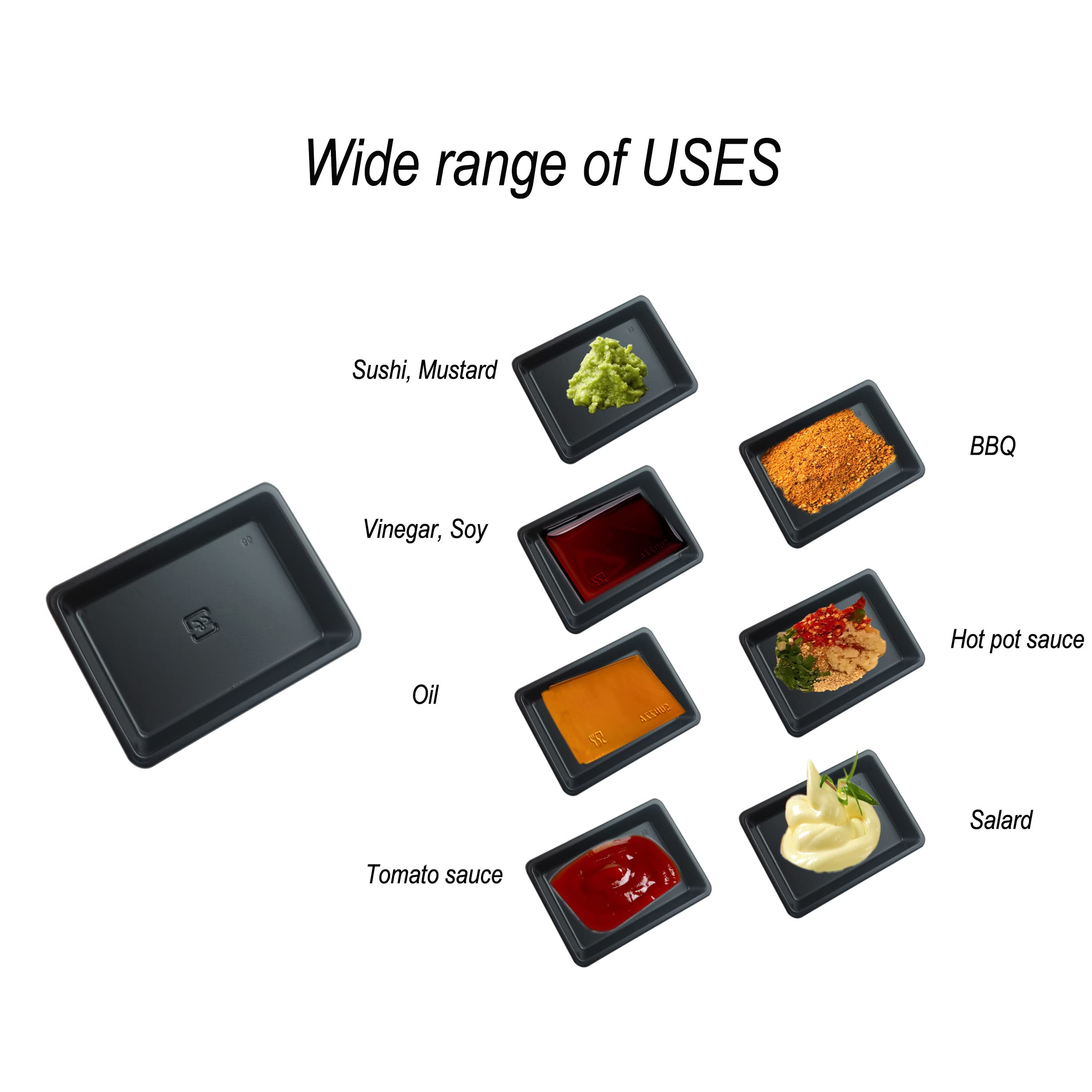 100 Pcs Mini 2.95''X2.16'' Dipping Sauce Dishes, Plastic Disposable Rectangular Black Soy Sauce Plate Set, Condiment Serving Tra
