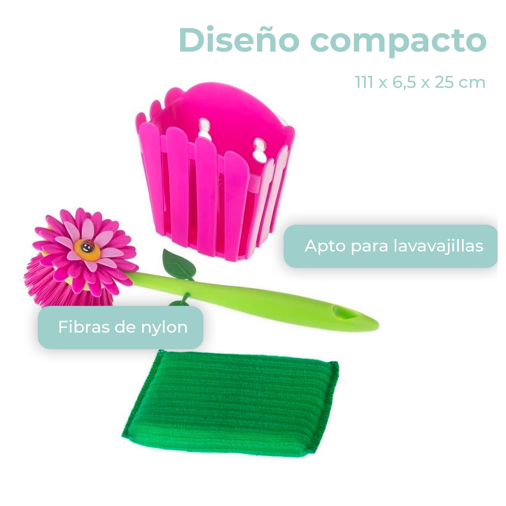 Vigar Flower Power 3-Piece Sink Caddy Set, Daisy-Shaped Dish Brush, Sponge And Fence-Shaped Holder With Suction Cup, Pink