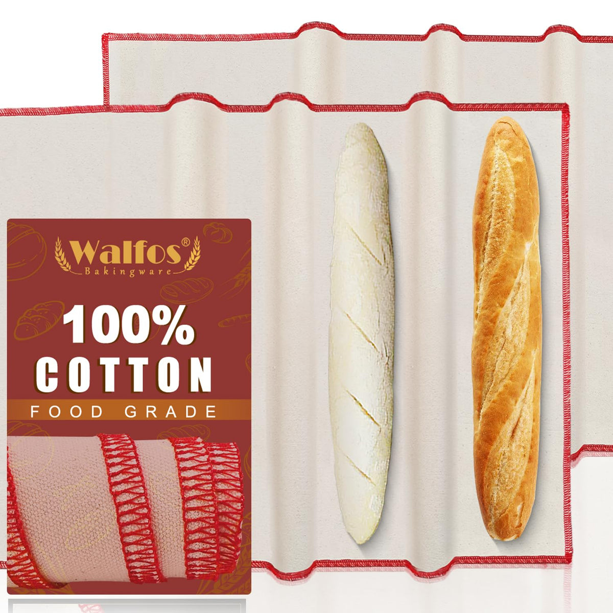 Walfos Bakers Couche And Proofing Cloth, 2Pcs(29'' X 17'' ) Cotton Fabric For Bread Dough Baking Shaping Tool For Baguettes, Loa