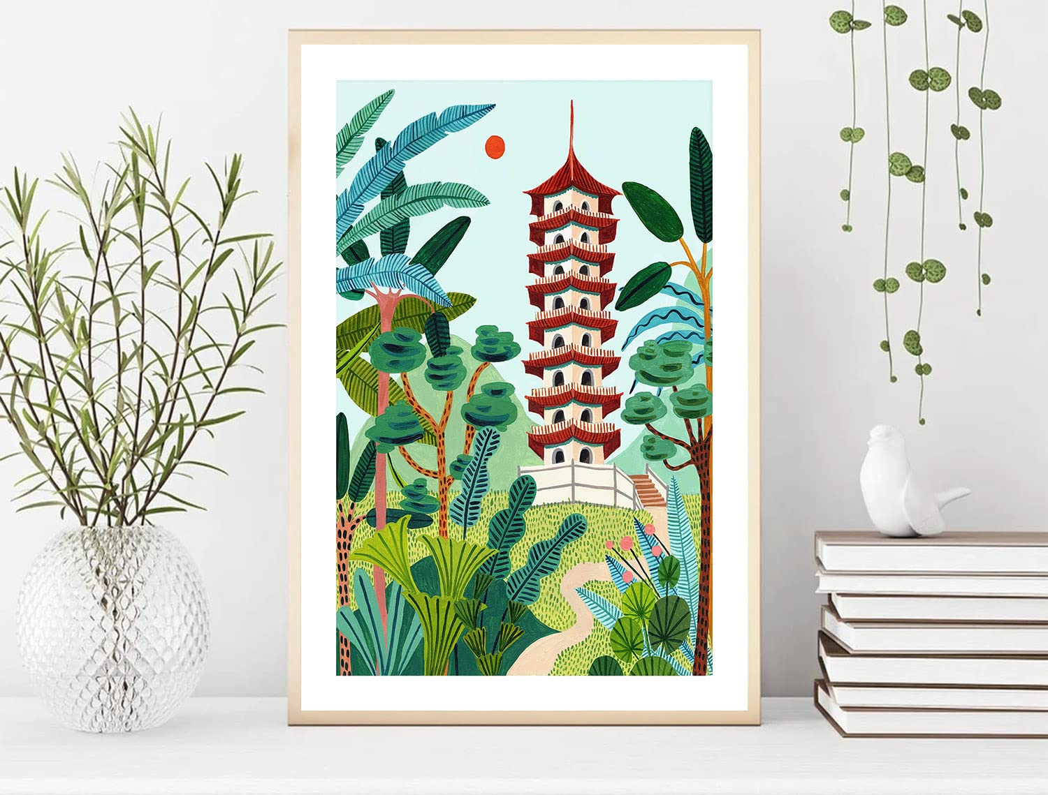 Singapore Travel Print, Chinese Garden, Pagoda, Singapore Wall Art, Botanical Illustration, Home Decor, Tropical, Nursery Wall A