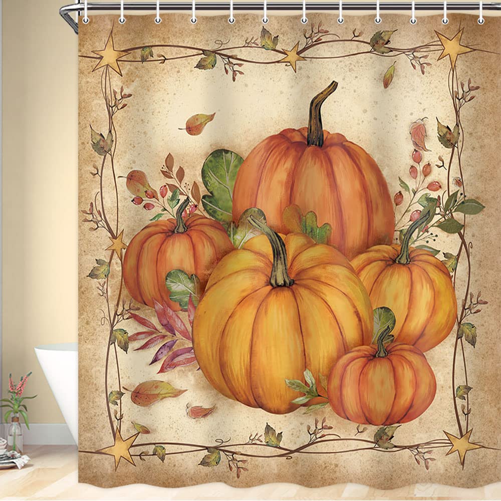 Boziqr Fall Shower Curtains For Bathroom, Autumn Pumpkin Harvest Farmhouse Thanksgiving Halloween Fabric Shower Curtain With Hoo
