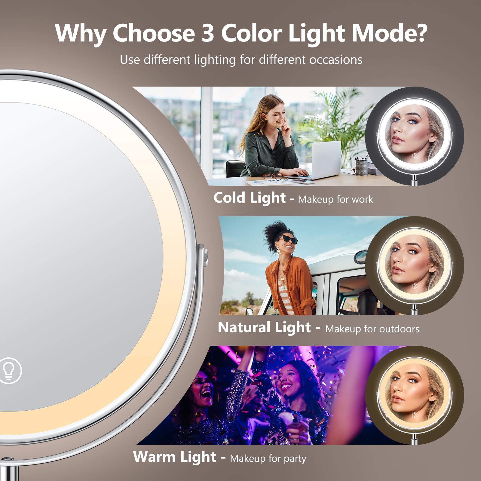 UBYMET Lighted Makeup Mirror - Rechargeable, Adjustable Height, 1x/10x Magnification, Chrome, 15"L x 8"W, Model TC-MM-M