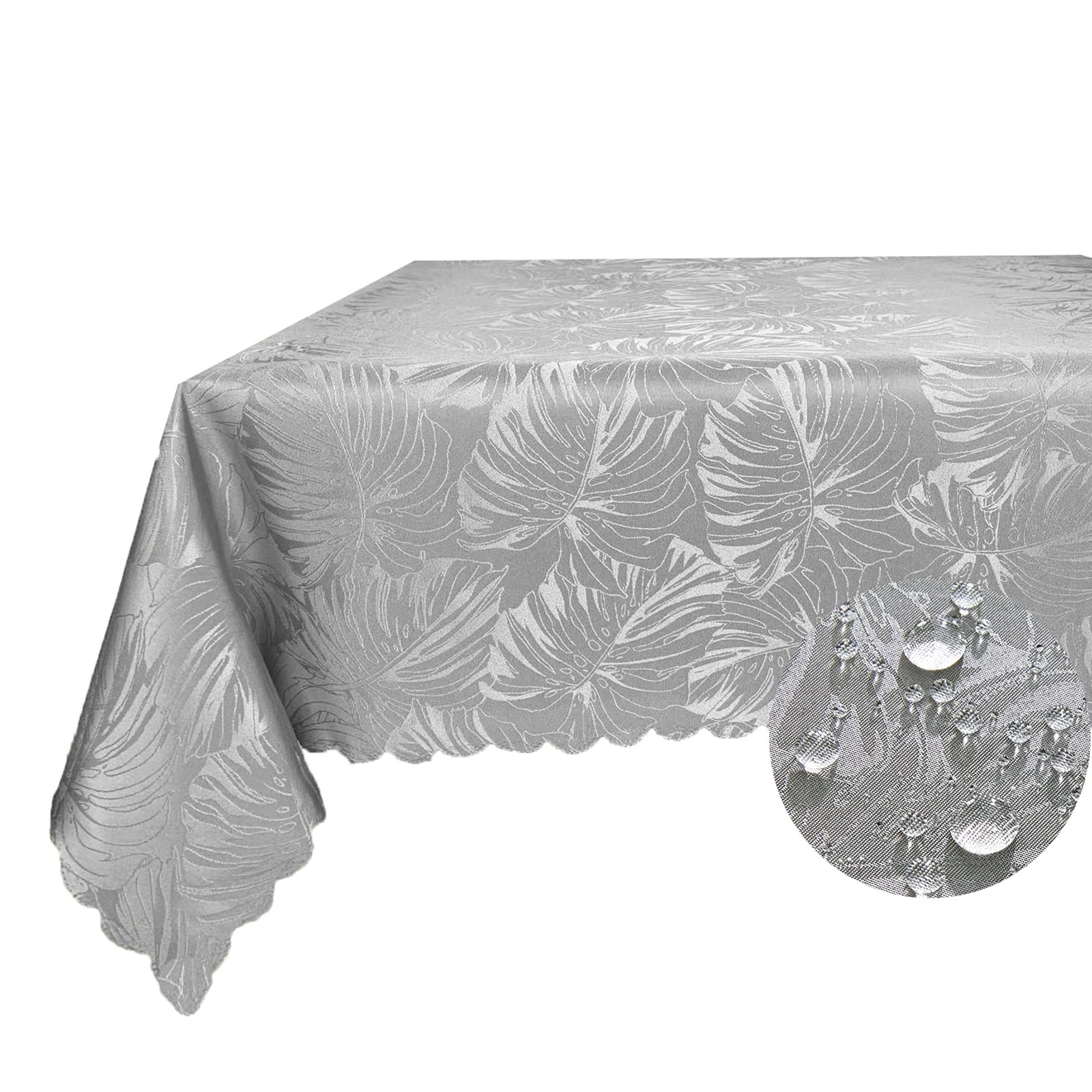 Efficinature Rectangle Tablecloths 60X102 Inch Waterproof Washable Grey Oblong Table Clothes For 6 Foot Tables Leave Pattern Sil