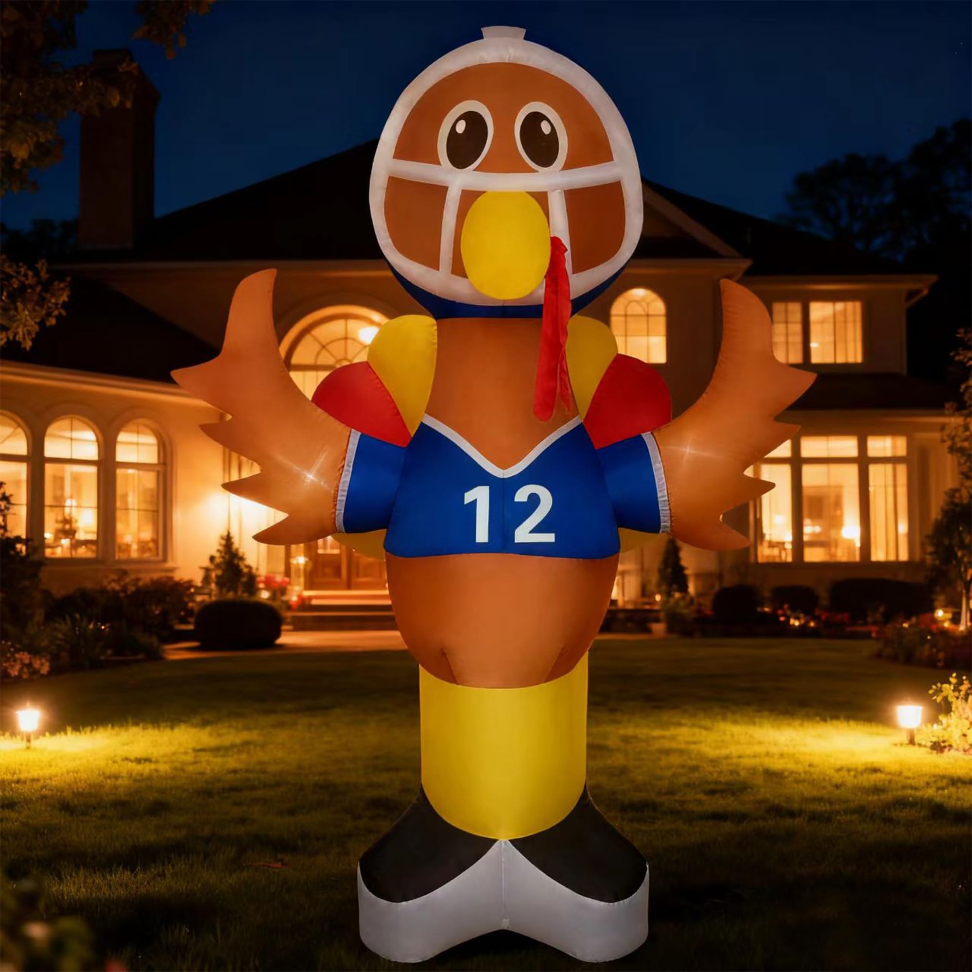eLUUGIE 8ft Football Thanksgiving lnflatable Turkey Outdoor Decorations Blow Up Yard Turkey with Built-in LEDs for Yard//Garden/