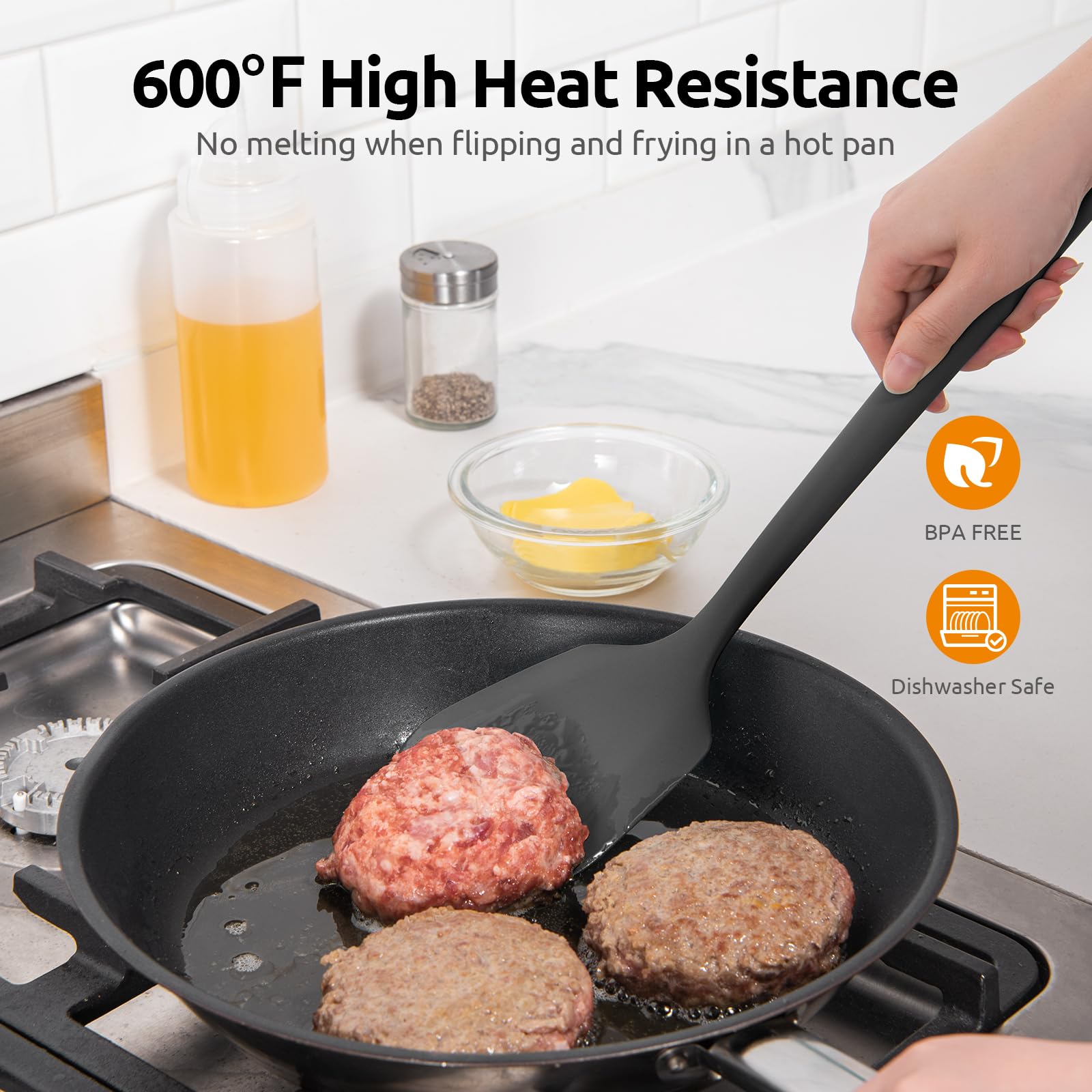 600F Heat Resistant Silicone Turner: U-Taste 13.6In Solid Kitchen Spatula Flipper, Food Grade Flexible & Thin Rubber Seamless Co