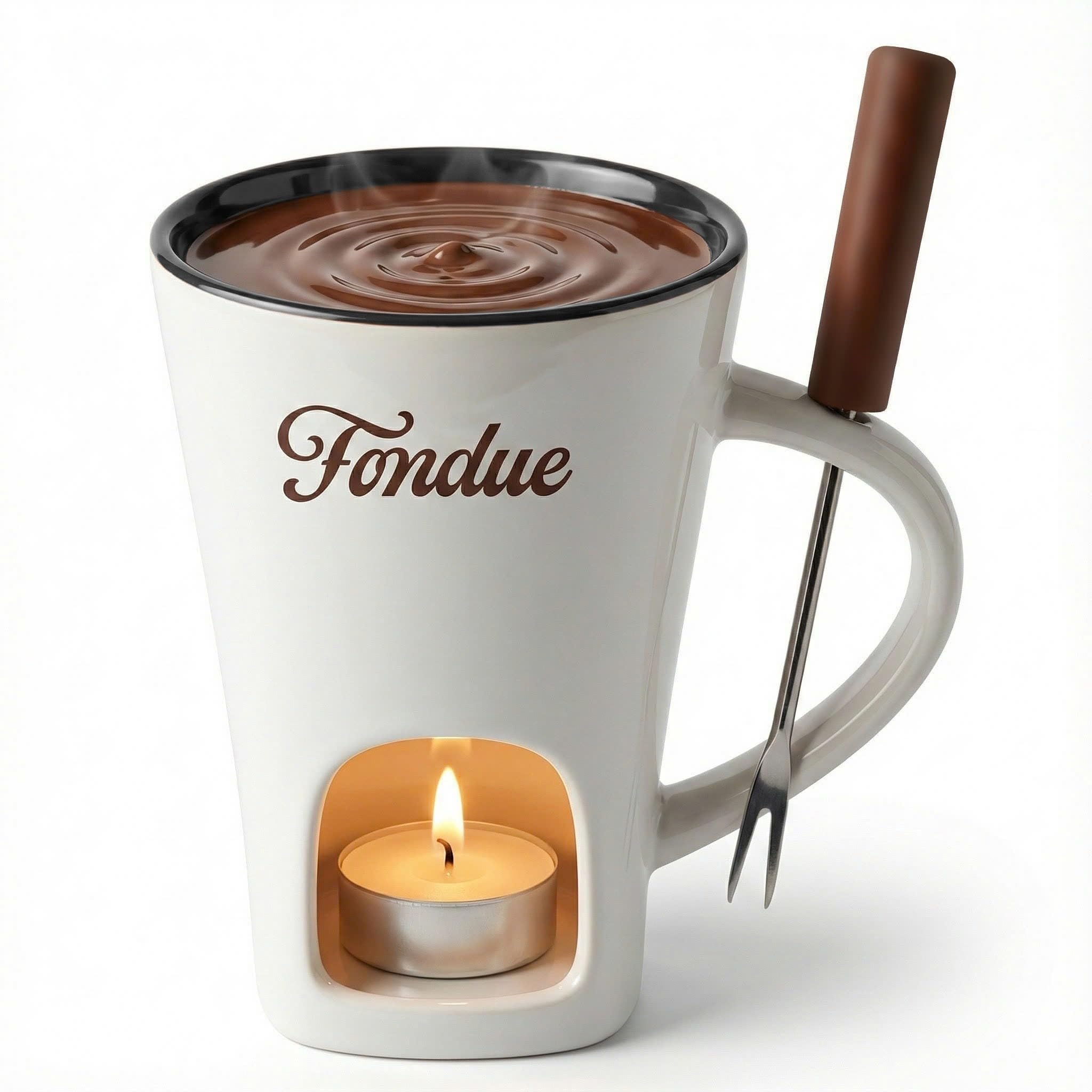 White Chocolate Fondue Mug with Tealight & Fork  Ceramic SingleServe Fondue Cup for Chocolate & Cheese Dipping