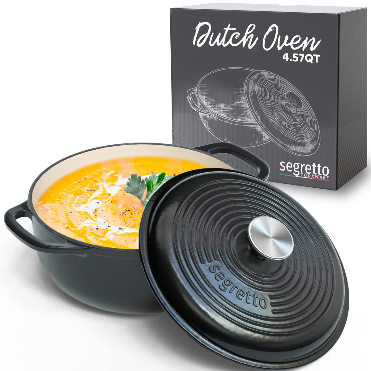 Segretto Cookware Enameled Cast Iron Dutch Oven With Handle, 4.57 Quarts, Nero (Black) 4.57 Qt Oven Safe Dutch Oven Pot With Lid